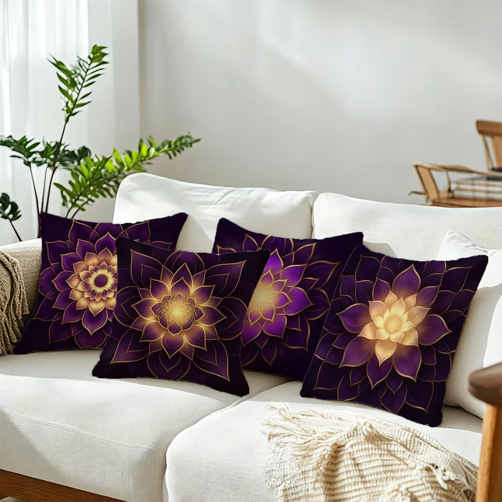 Viola Federe Cuscini Divano 40x40cm, Cuscini da Esterno Set de 4, Cod-41 | Lin Copricuscini Decorativi Letto Arredo, per Letto, Soggiorno, Giardino, Esterno, Casa Decorazione Set di 4 Mandala