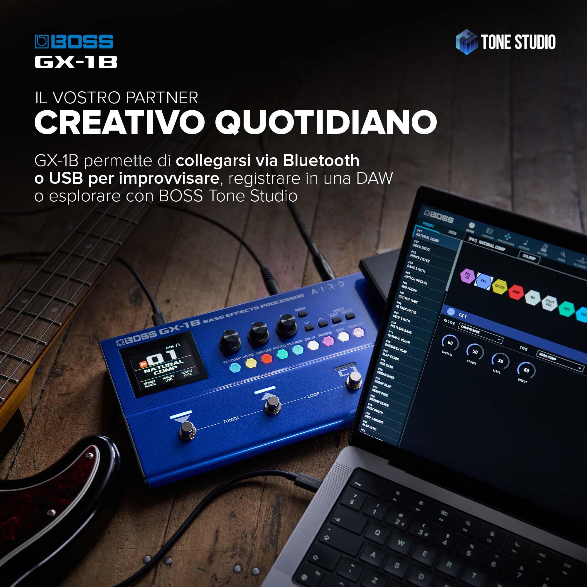 BOSS GX-1B | Processore di effetti per basso ultra-portatile | Ricco di ampli ed effetti iconici | Generatore sonoro AIRD di alta qualità | Ideale per i bassisti principianti | Connettività Bluetooth