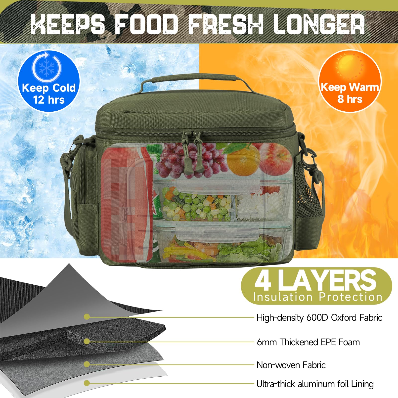 QT&QY Sac Repas Tactique 13L Militaire Renforcé - Glacière Isotherme Étanche Durable avec Système MOLLE Découpe Laser, pour Bureau/Camping/Pique-nique - Boîte Repas Adulte Hommes