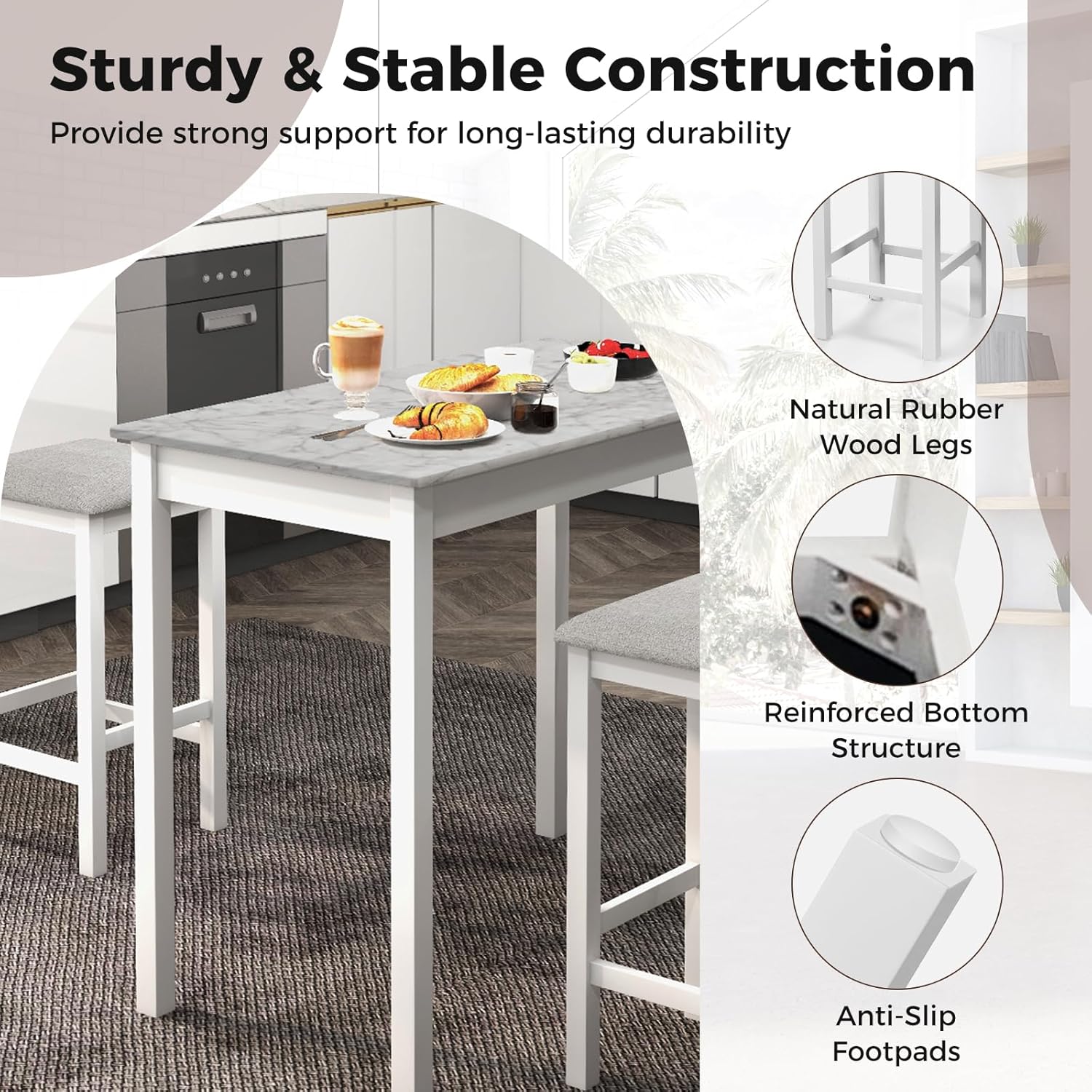 Giantex 3-Pieces Dining Table Set for 2, Counter Height Table with 2 Bar Stools, Wood Legs, Dinette Set for Small Space, Breakfast Nook, Kitchen, Dinner (White/Grey)