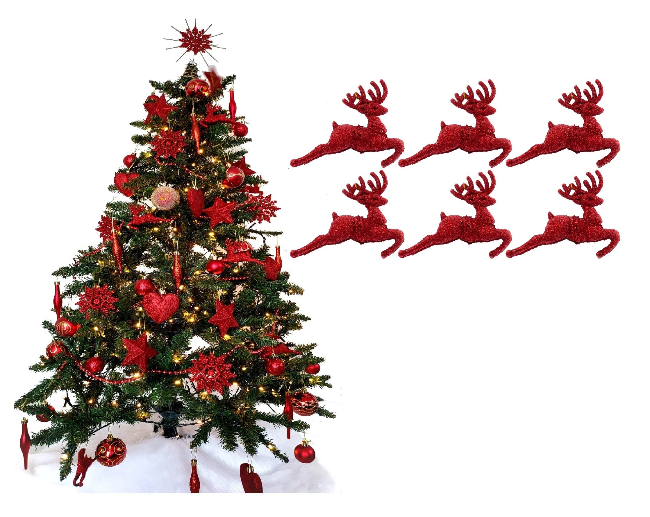 Pack of 6 - Hanging Glitter Reindeer Christmas Tree Decorations - 2.2cm x 9.5cm (Red)