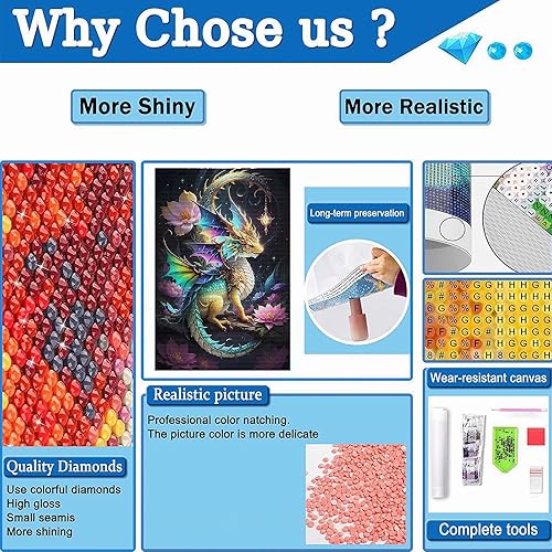 Miniatura 5 de Noche Kit de pintura de diamantes de flores y el dragón, pintura de diamante para adultos, diversión familiar, diseño de dragón interactivo con