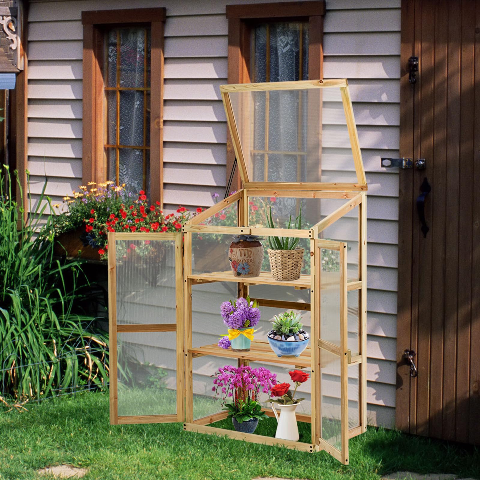 COSTWAY 3 Etagen Frühbeet Holz, Hochbeet wetterfest, Gewächshaus mit 2 Türen & Deckel, Polycarbonat-Fenster, Pflanzenbeet Aufzuchtschrank Treibhaus, für Garten Balkon, 60 x 45 x 100 cm, Natur