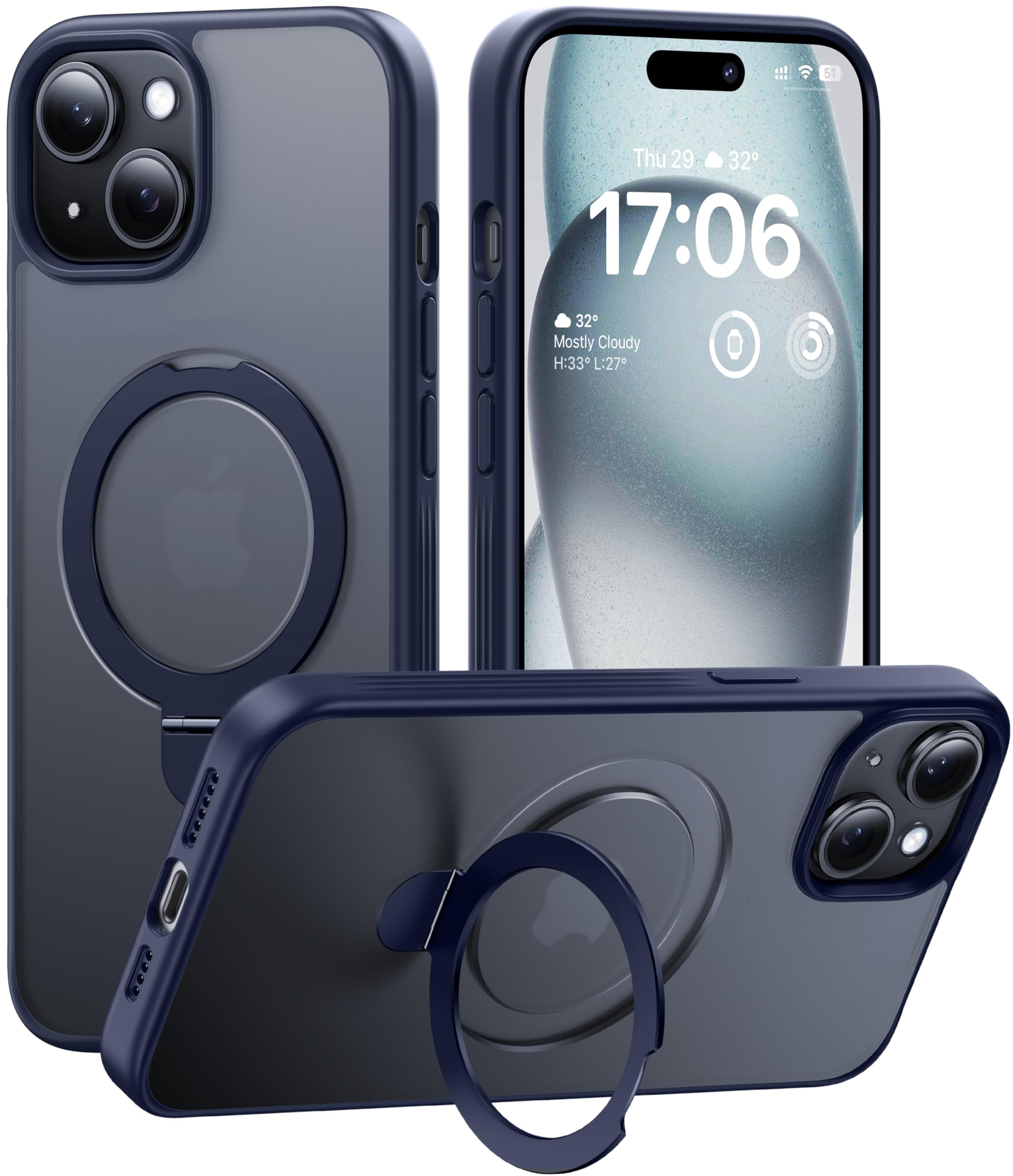 CellEver Strong Magnetic for iPhone 15 Case with Ring Stand [Military Grade Drop Tested] [Compatible with MagSafe] Slim Translucent Matte Phone Case (