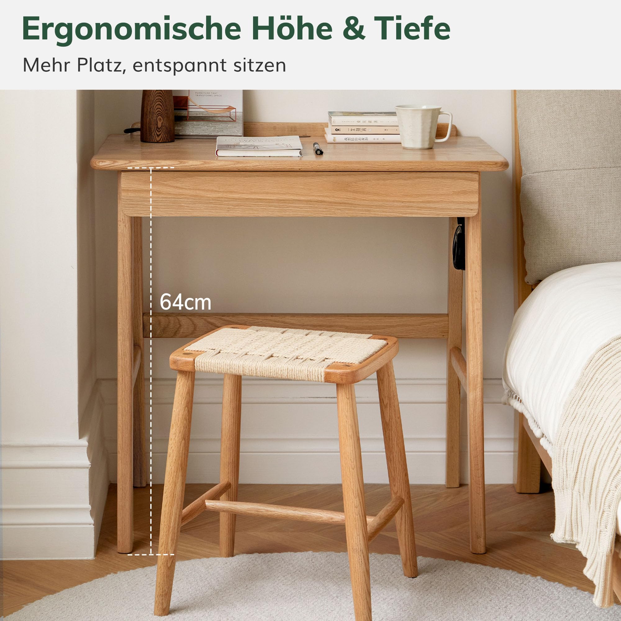 YESWOOD Kleiner Schreibtisch Massivholz mit schubladen,80X48X78CM