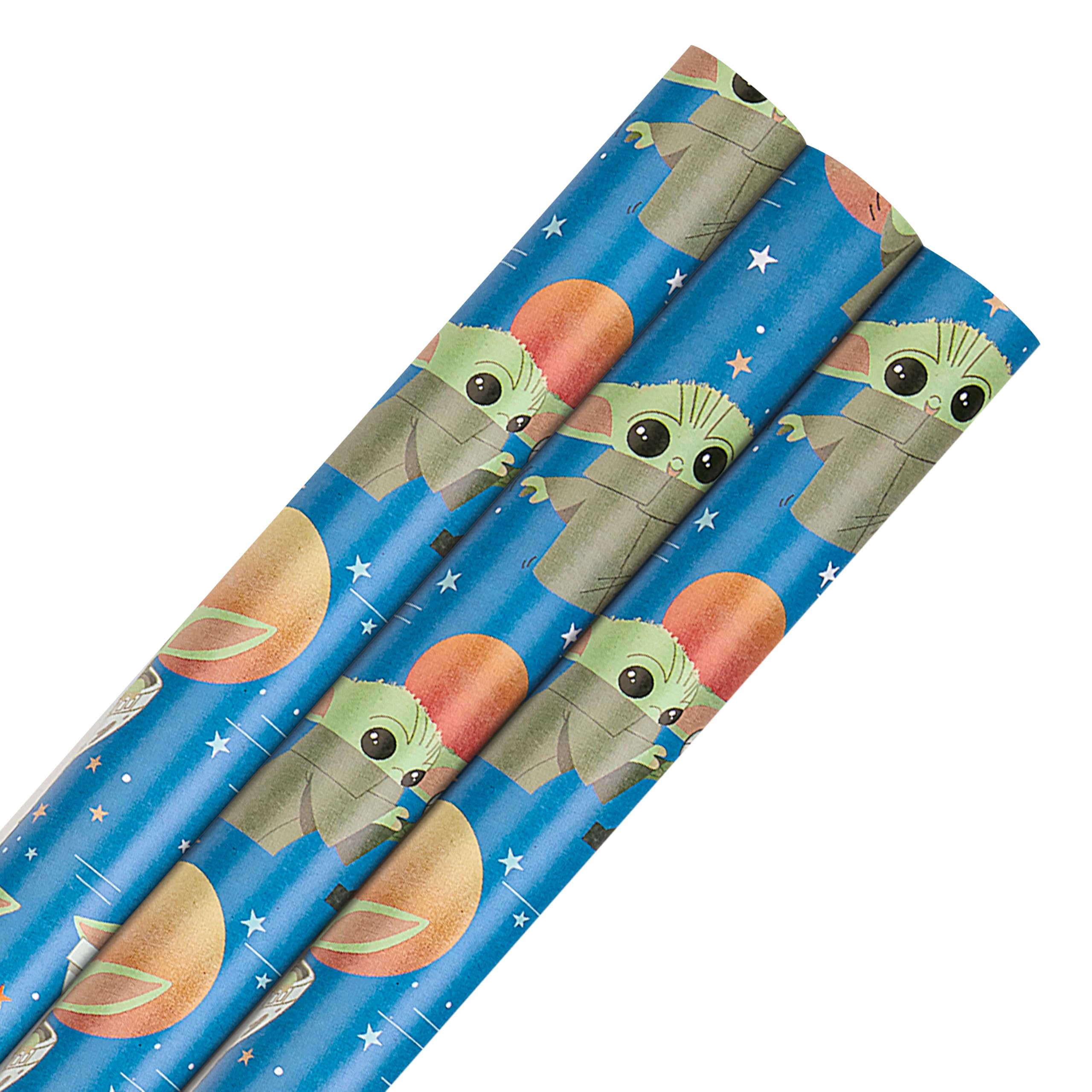Hallmark Wrapping Paper Roll, Pack of 3 in 1 The Mandalorian Grogu Design, 2M Each, Birthday, Christmas, Blue