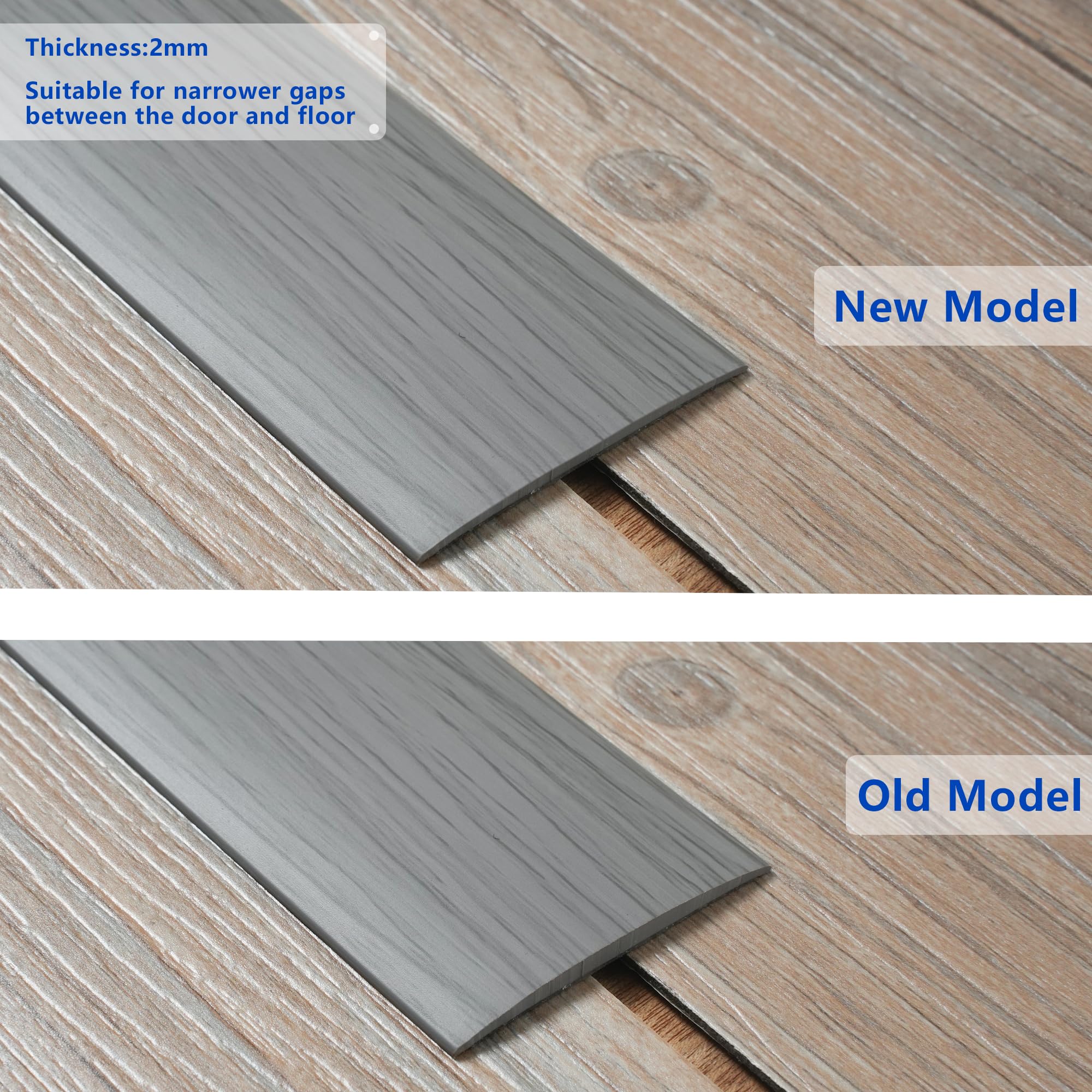 Perfil de transición de suelo plano, autoadhesivo, 2 mm de grosor, 5 cm de ancho, perfil de transición para umbrales de puerta, vinilo laminado, tiras separadoras de suelos, 2 m, grano de madera gris