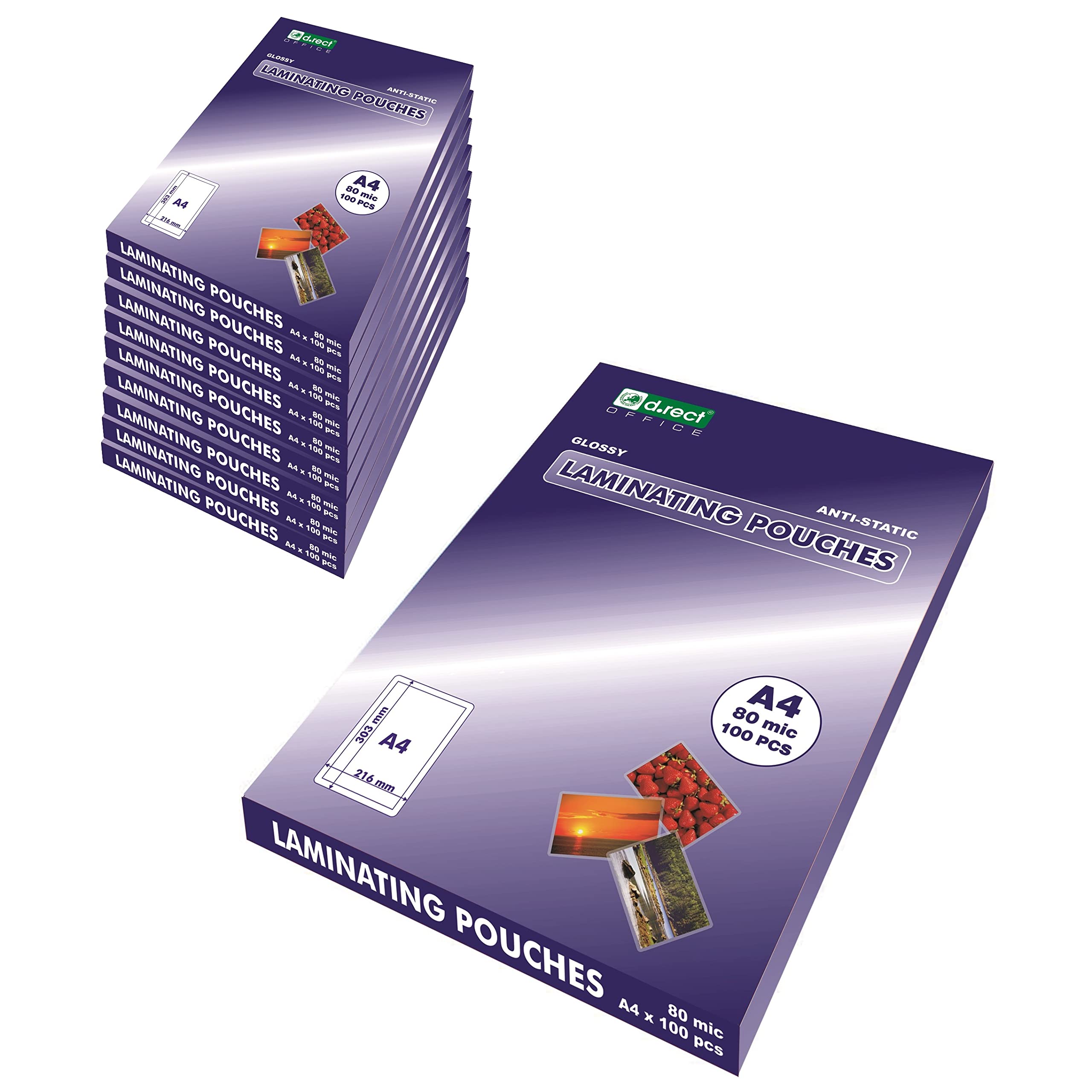 D.RECT Verpackung 10x100 Stück |Laminierfolien Heißlaminierfolien glänzend transparent | DIN A4 80 Mikron