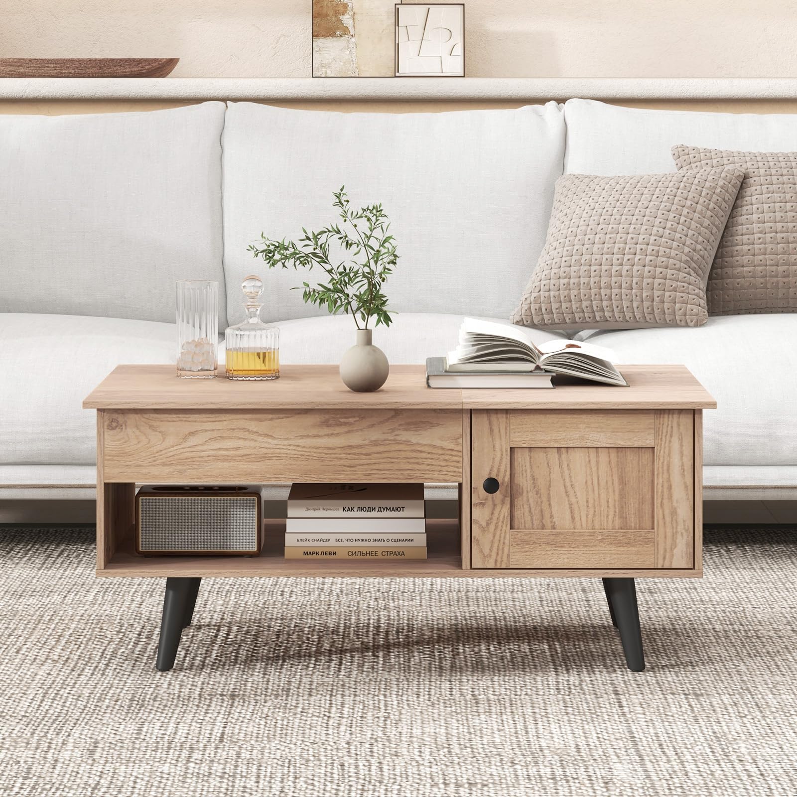COSTWAY Mesa de Centro Elevable, Mesa de Café con Tablero Elevable, Gabinete, Compartimento Oculto y Estante Abierto, Mesita de Salón para Estudio y Oficina, 100 x 50 x 46-60 cm (Natural)
