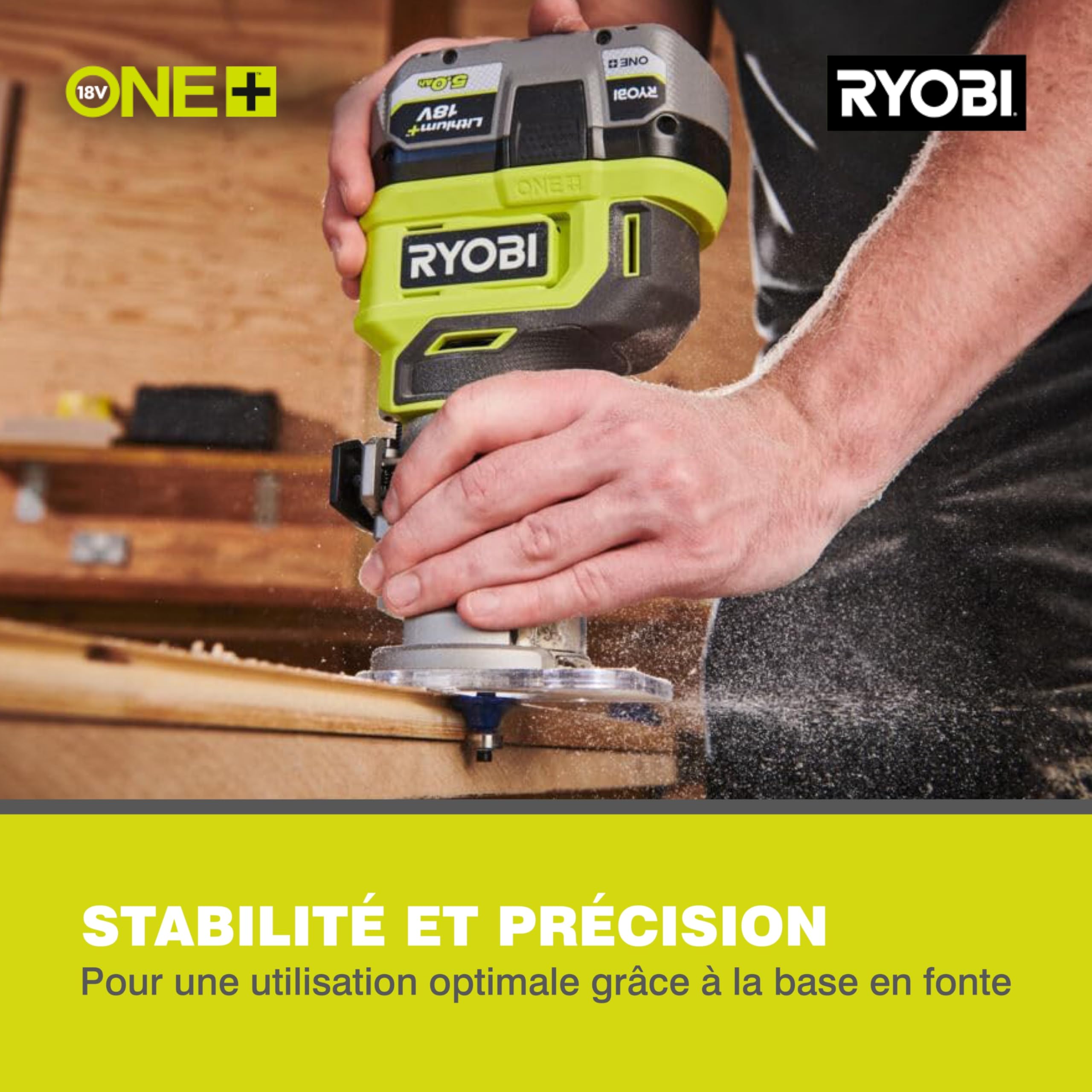 RYOBI - Affleureuse Sans Fil 18V ONE+ RTR18-0 – Vitesse Variable Jusqu’à 30 000 tr/min, Réglage Profondeur Précis, travaux de décoration, de finitions et d'ajustements – Batterie Non Incluse