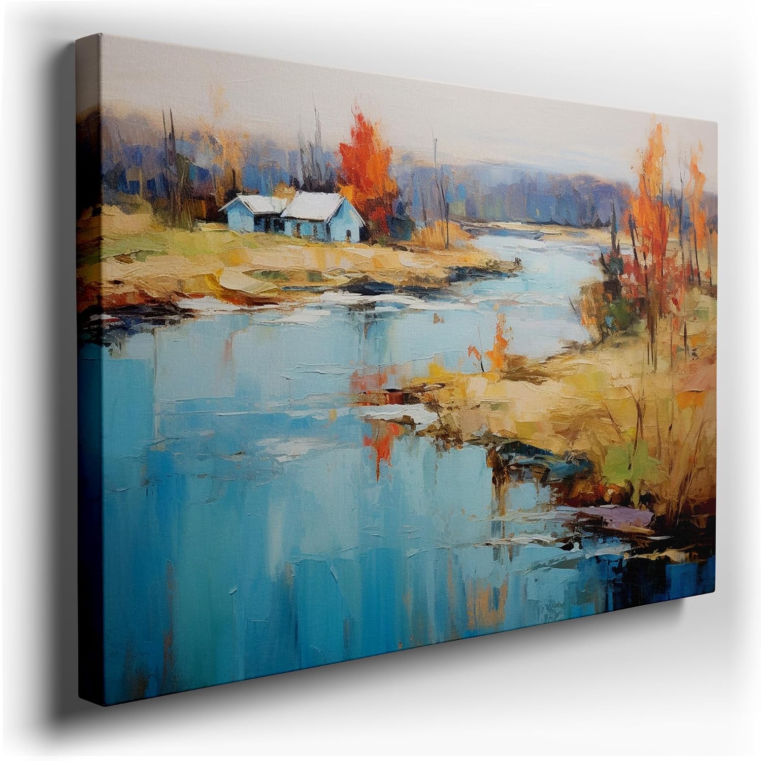 Canvas for Living Room. Autumn Serenity by The Riverside: A Peaceful Oil Painting of Fall's Vibrant Hues, 27 x 18 inch Canvas Wall Art - Contemporary Masterpieces - Modern Home Decor