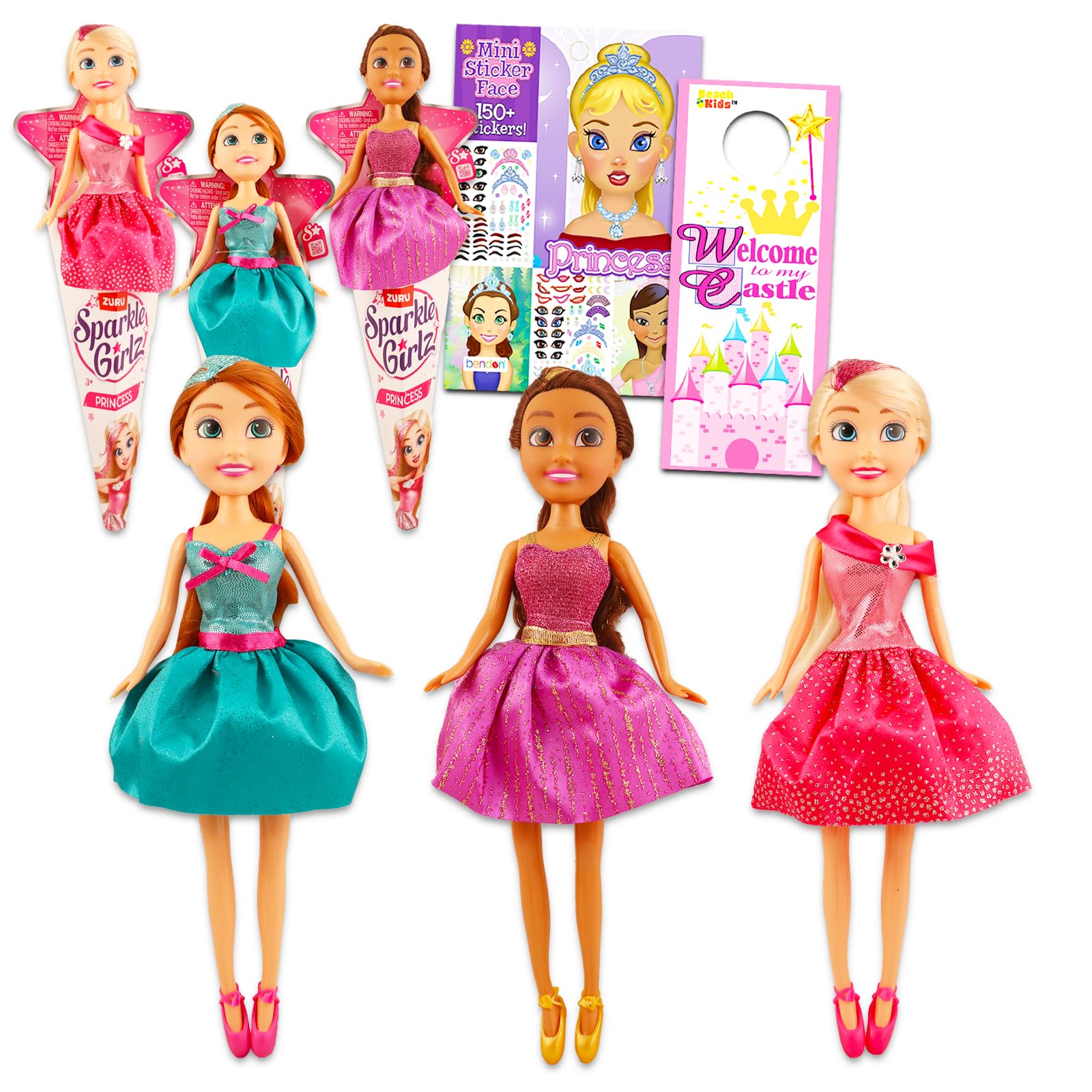Game Party Zuru Sparkle Girlz Dolls Set - 3pk Bundle of 10.5” Sparkle Girlz Princess Dolls, Create-a-Face Sticker Book, and More | Sparkle Girlz Dolls for Kids