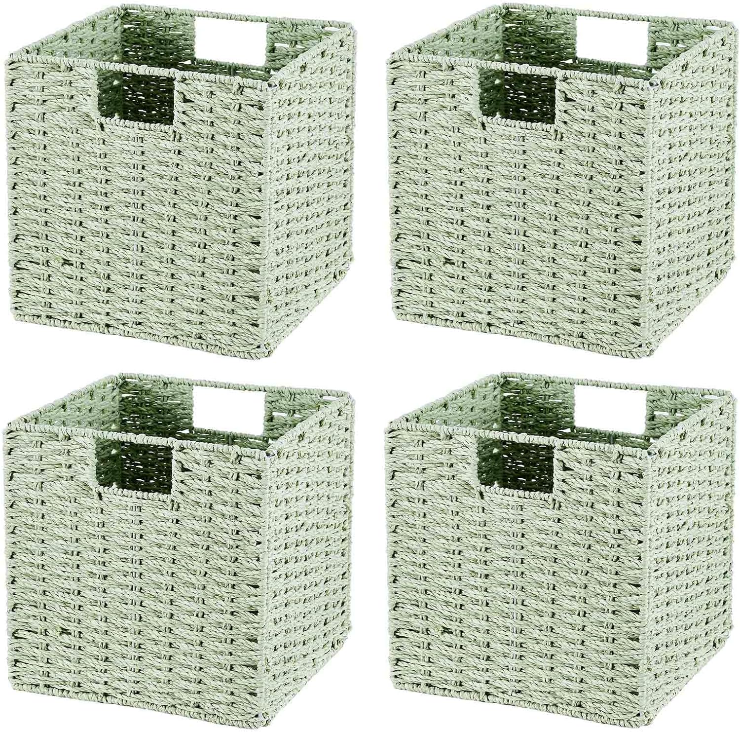 Square Wicker Storage Baskets for Shelves Pantry Baskets Organizing Foldable Cubes Storage Bins Handmade Paper Rope Storage Baskets Shelf Organizing and Decor 4 Pack (11?×11?×11?) 11'' x 11'' / 4PCS Green