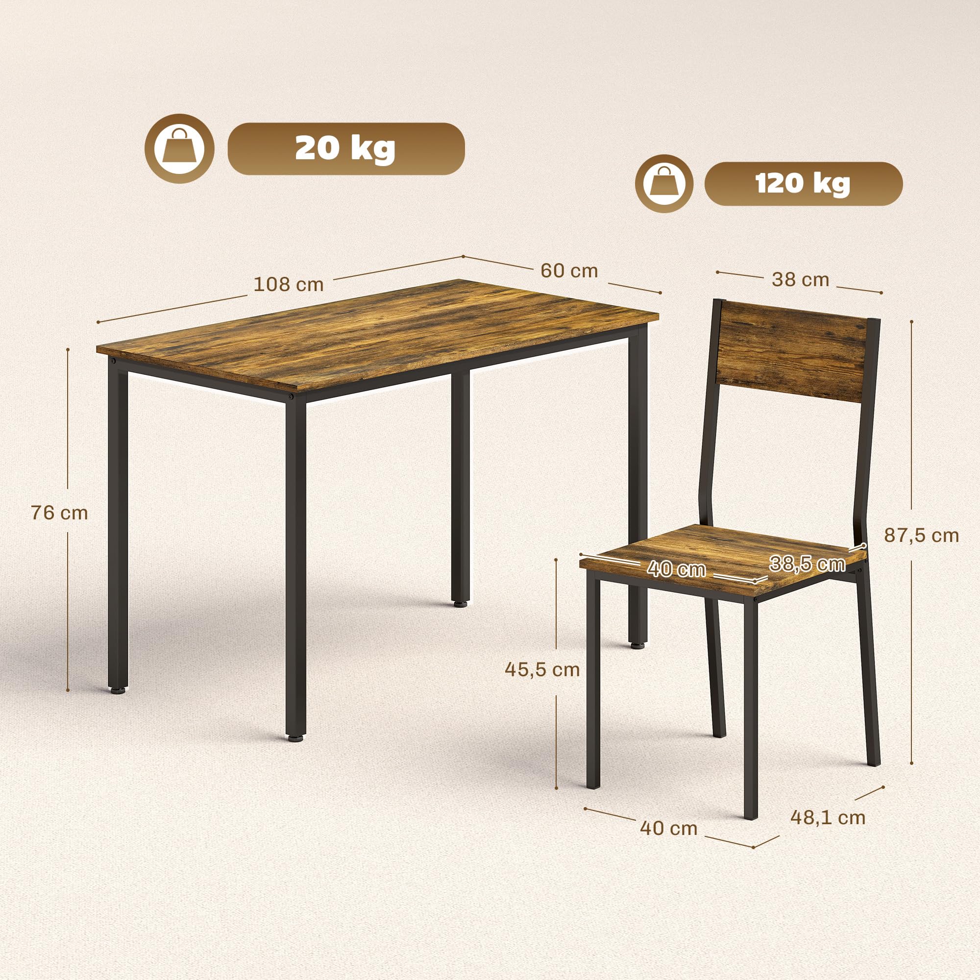 HOMCOM Ensemble Table Salle à Manger avec 4 chaises, Table de Cuisine pour 4 Personnes, Plateau rectangulaire 108 cm, Style Industriel, Pieds en métal, idéal Petit Espace, Brun Rustique