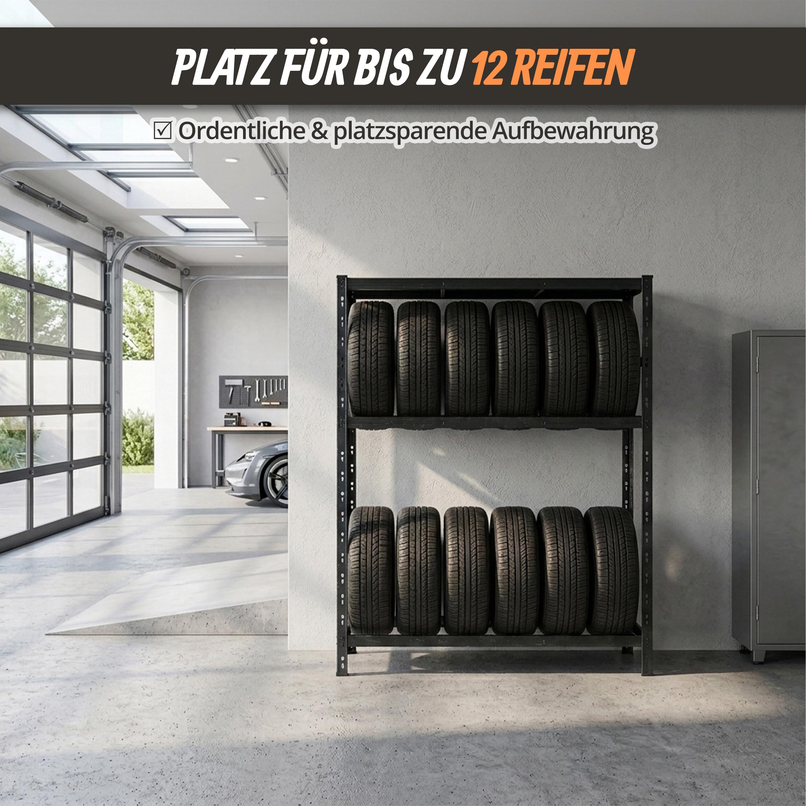 Relaxdays Reifenregal für 12 Reifen, HxBxT 180 x 120 x 40 cm, 450 kg, Stahl, Stecksystem, Reifenlager Werkstatt, schwarz