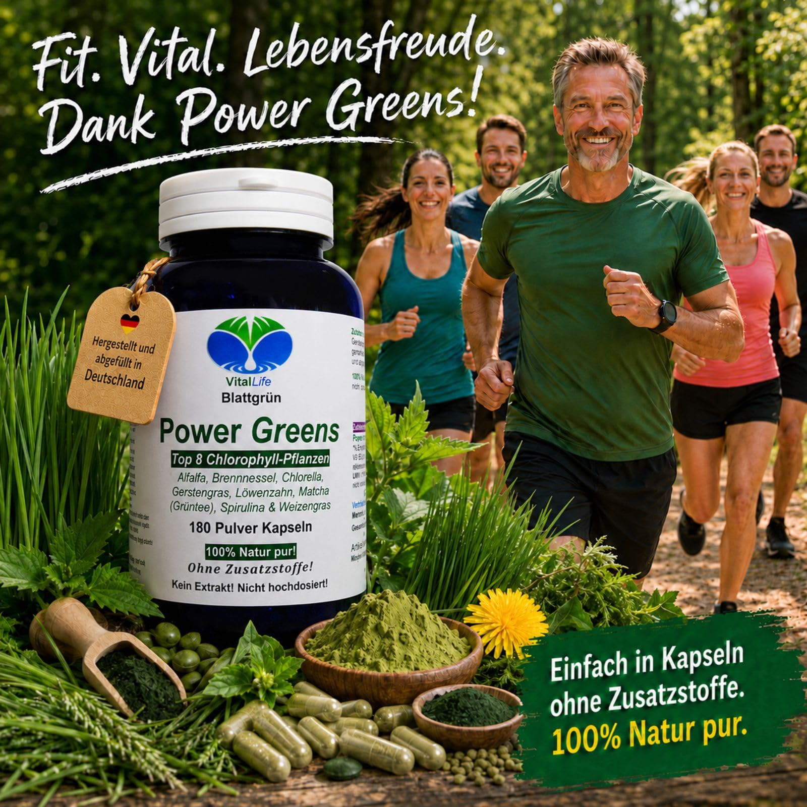 Green Power Greens Top8 Chlorophyll Supergreens 180 Pulver Kapseln mit Alfalfa Brennnessel Chlorella Gerstengras Löwenzahn Matcha Spirulina Weizengras. Natur pur. Ohne Zusatzstoffe. 26332-180