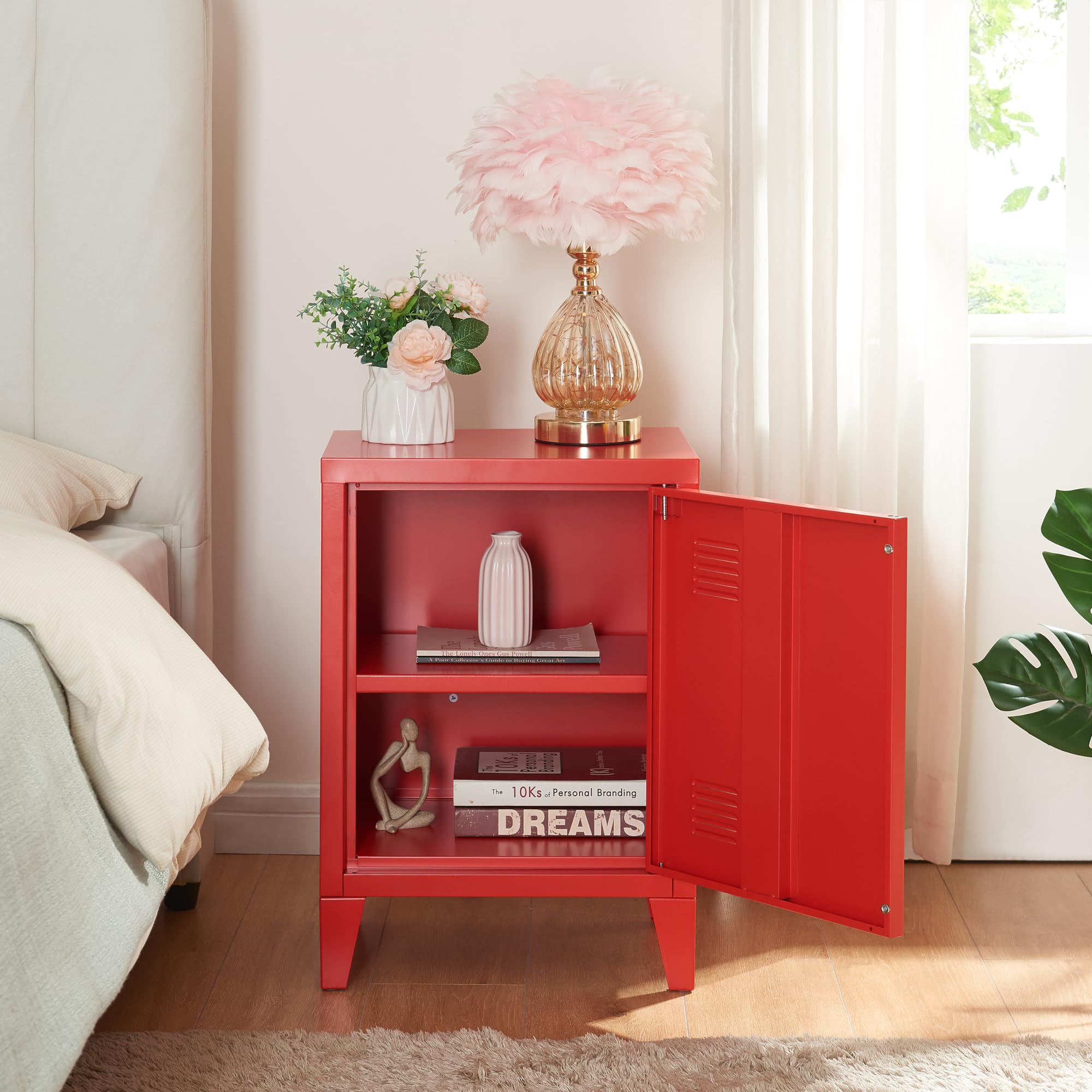 [en.casa] Comodino in Acciaio con Scomparto Chiuso con Anta Tavolino Laterale da Divano Mobiletto Notturno da Letto Tavolino Basso da Ingresso 57 x 40 x 30 cm Rosso
