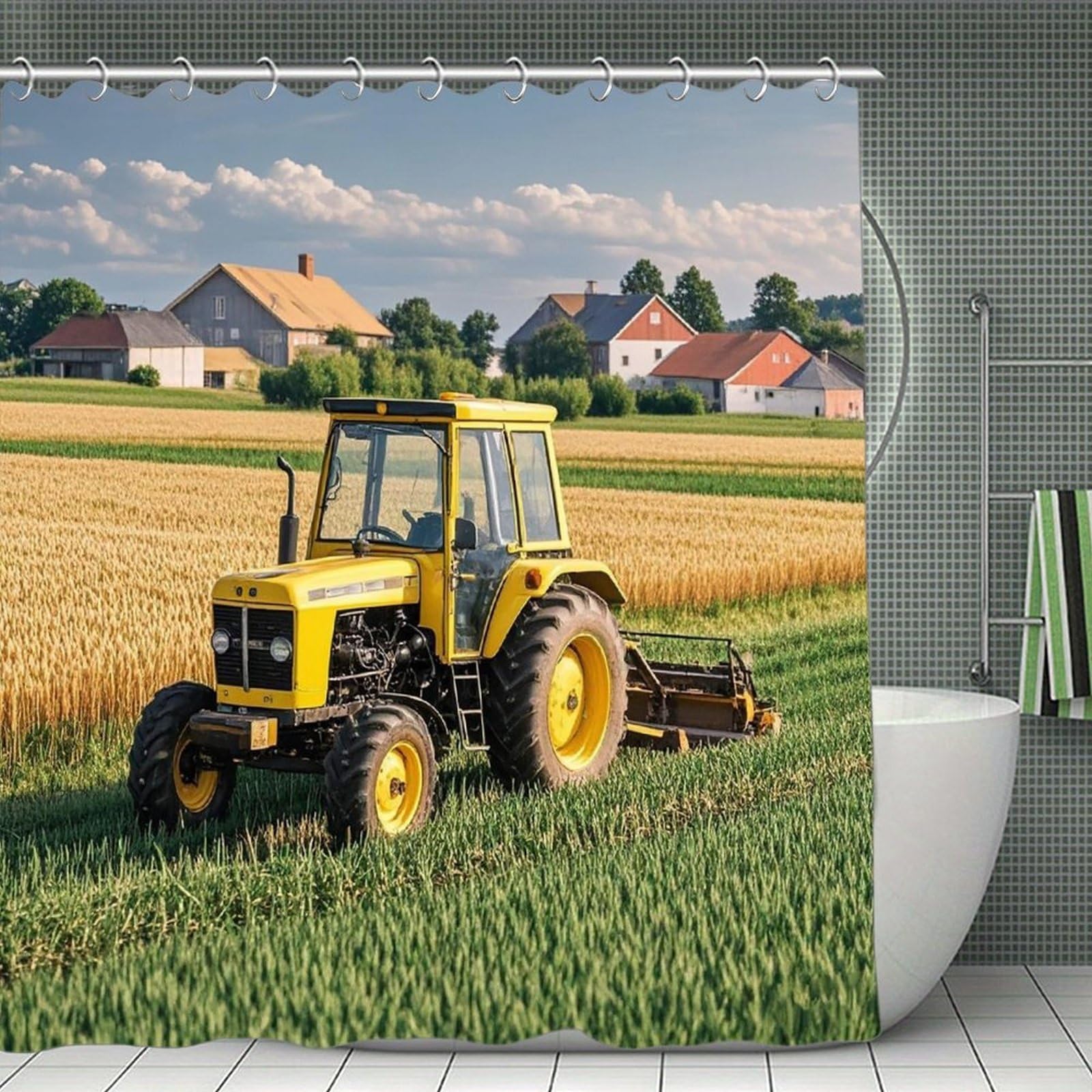 FekiLoot Tractor Farm Shower Curtain with Hooks Modern Farmhouse Bathroom Curtain Waterproof Cloth Bath Curtains Cute Washable Blackout Privacy Curtains for Bathroom Bathtub 70.8"x70.8"