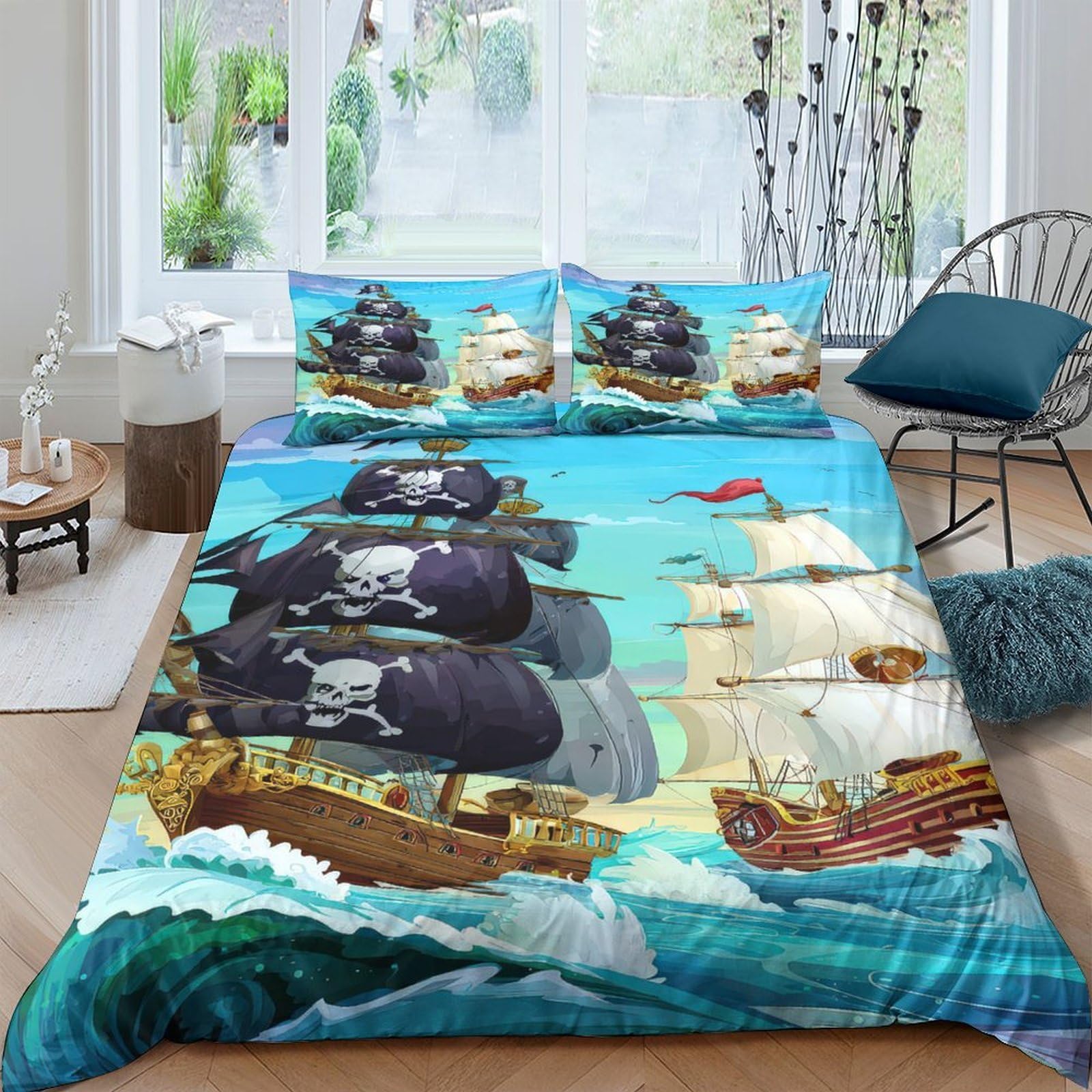 Ctjqhvkz Style-3 3D Printed Pirate Ship Fitted Sheet Microfiber Soft Breathable Ocean Battle Bed Cover For Bedroom Dorm Mattress Decor Single（135X200cm）