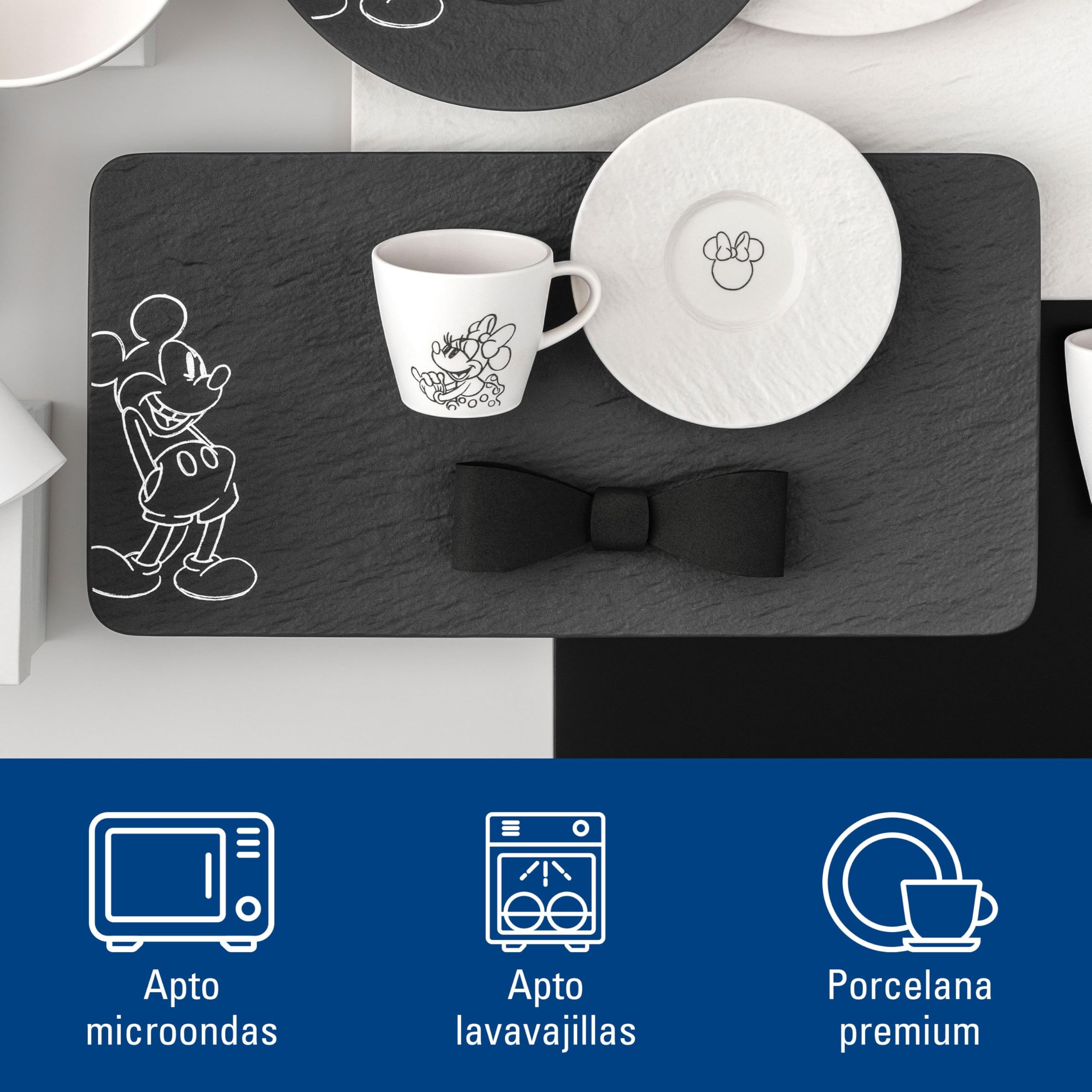 Villeroy & Boch Manufacture Rock – Mickey Mouse – Bandeja servir, negra, apta para lavavajillas y microondas, acabado de pizarra y decoración de Disney Mickey Mouse en estilo tiza