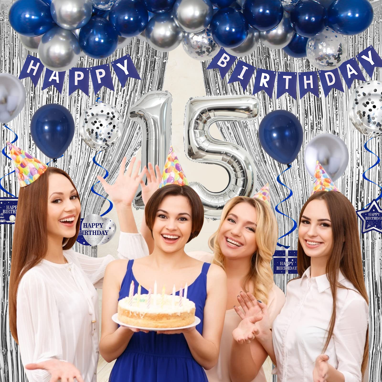 15th Birthday Decorations For Boys Girls, Navy Blue Silver Happy 15th...