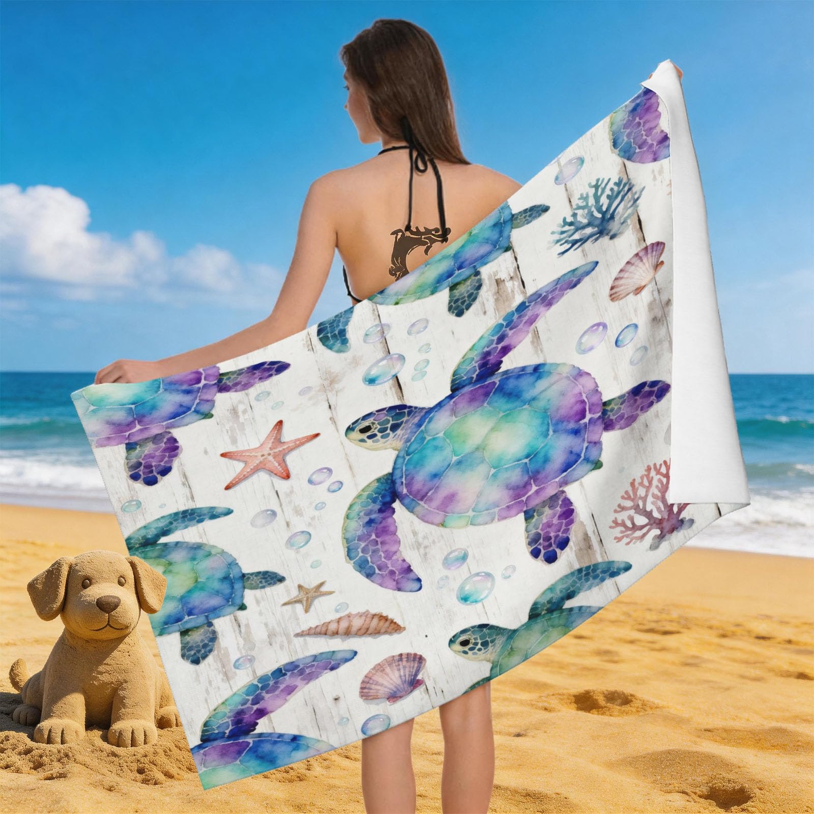 Leichong 3D Watercolor Sea Turtle Beach Towel Microfiber Soft Quick Dry for Adults, Watercolor Style Bath Towel Lightweight Soft Absorbent for Travel Swimming Pool Sports, 75 x 150 cm