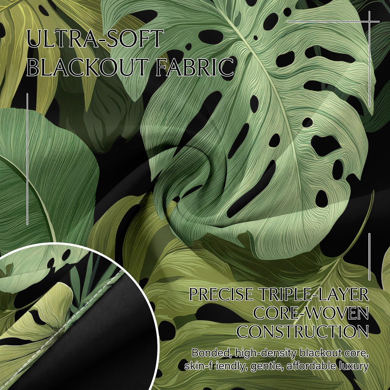 117 x 229 cm, zestaw 2 termicznych zasłon zaciemniających Tropikalna dżungla, rośliny monstera zachwycające, izolowane zasłony okienne, tłumiące hałas i światło, miękka i elegancka tkanina do salonu
