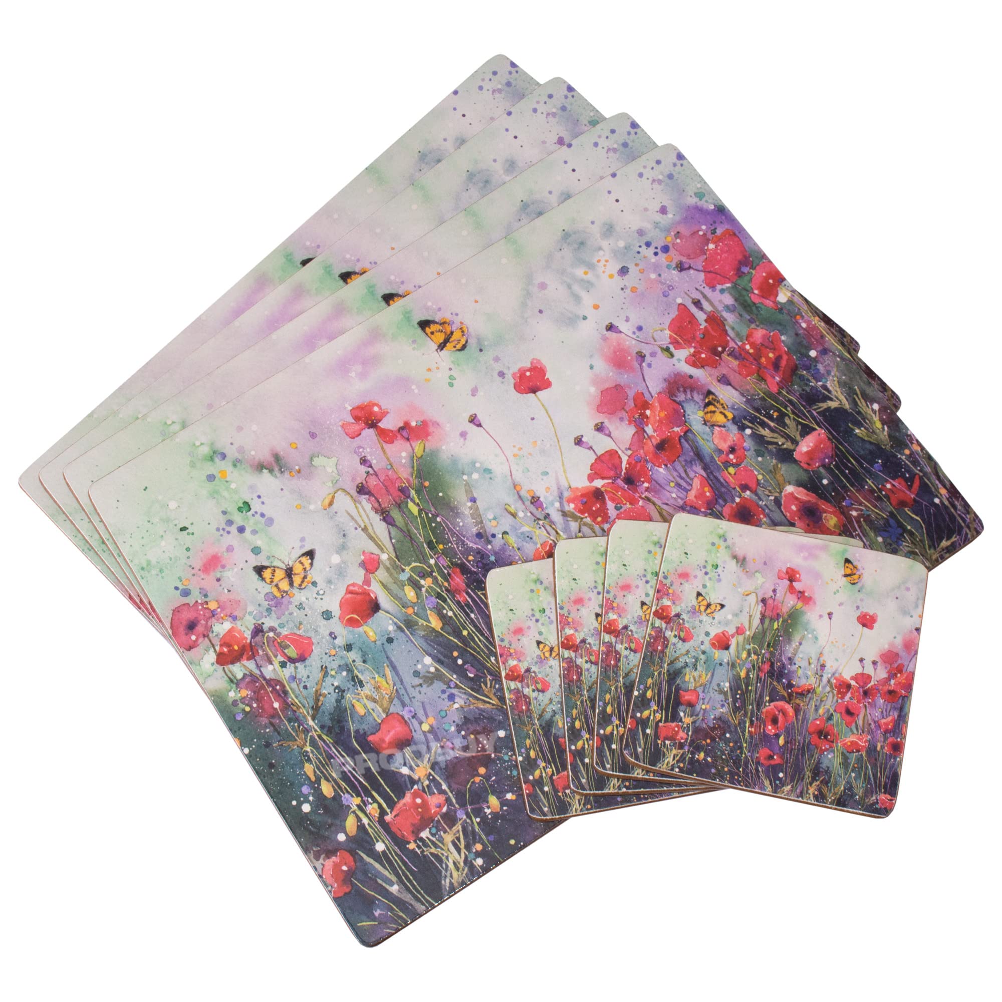 [Pack of 4] Floral Poppy Field Placemats & Coasters