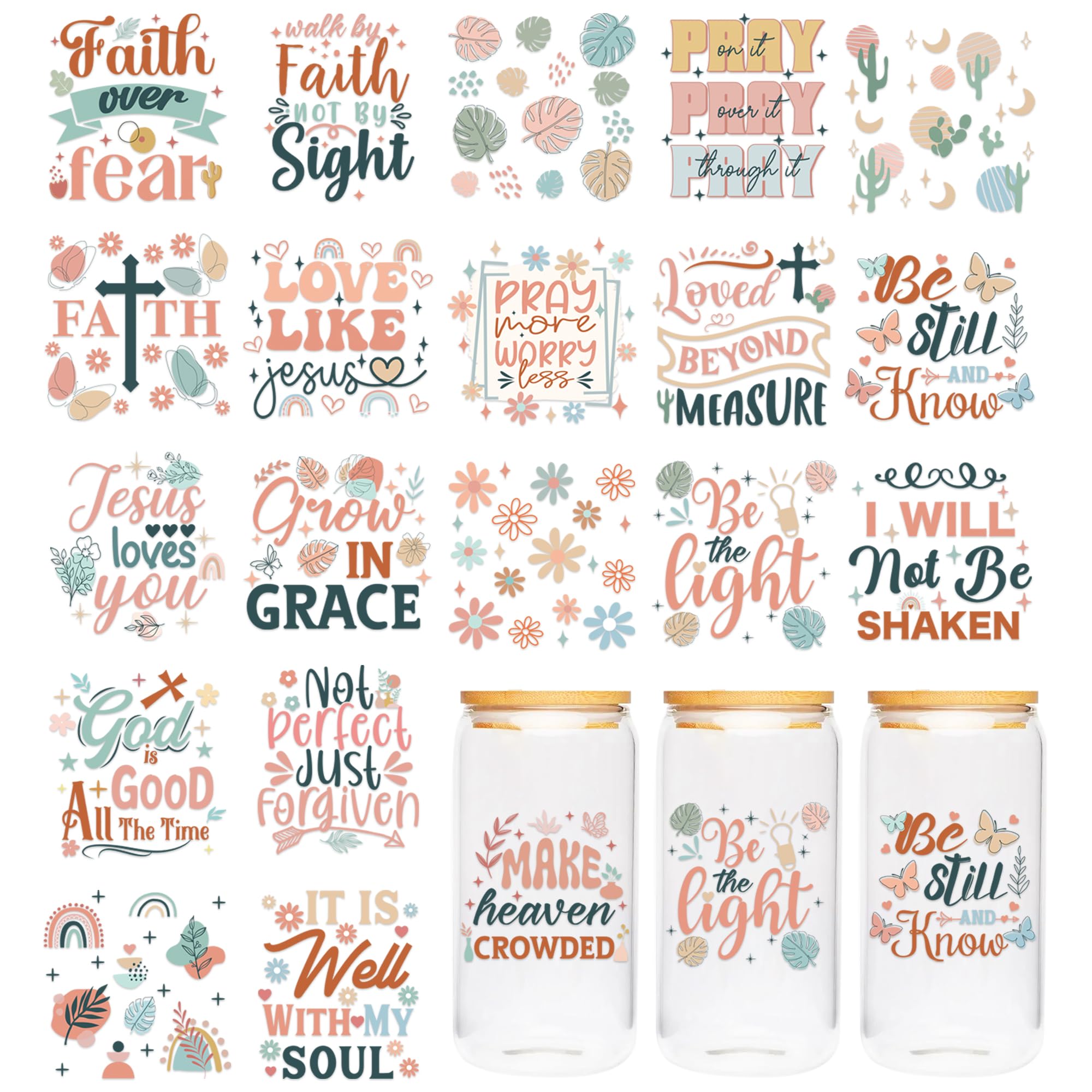 CRASHOT UV DTF Cup Sticker - 20 Sheet Boho Bible Verse UV DTF Transfer Sticker for Glass Mug Water Bottle, Leaf Daisy Butterfly Design, Waterproof Rub