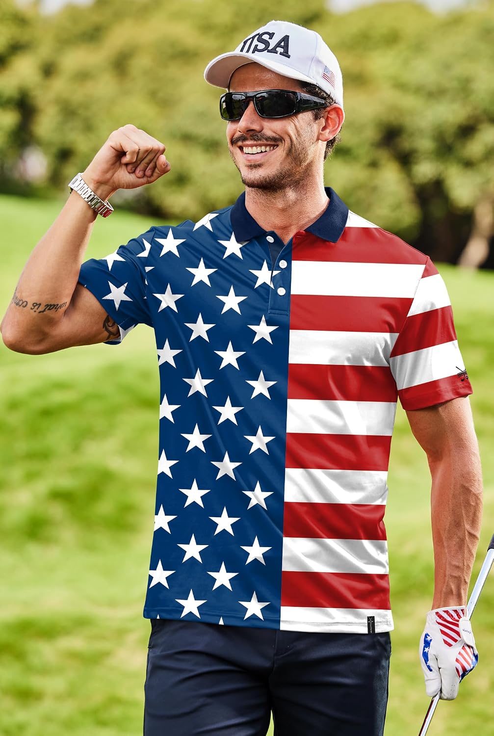 Mens American Flag Polo Patriotic 4th of July USA Short Sleeve Golf Shirts (S-3XL)