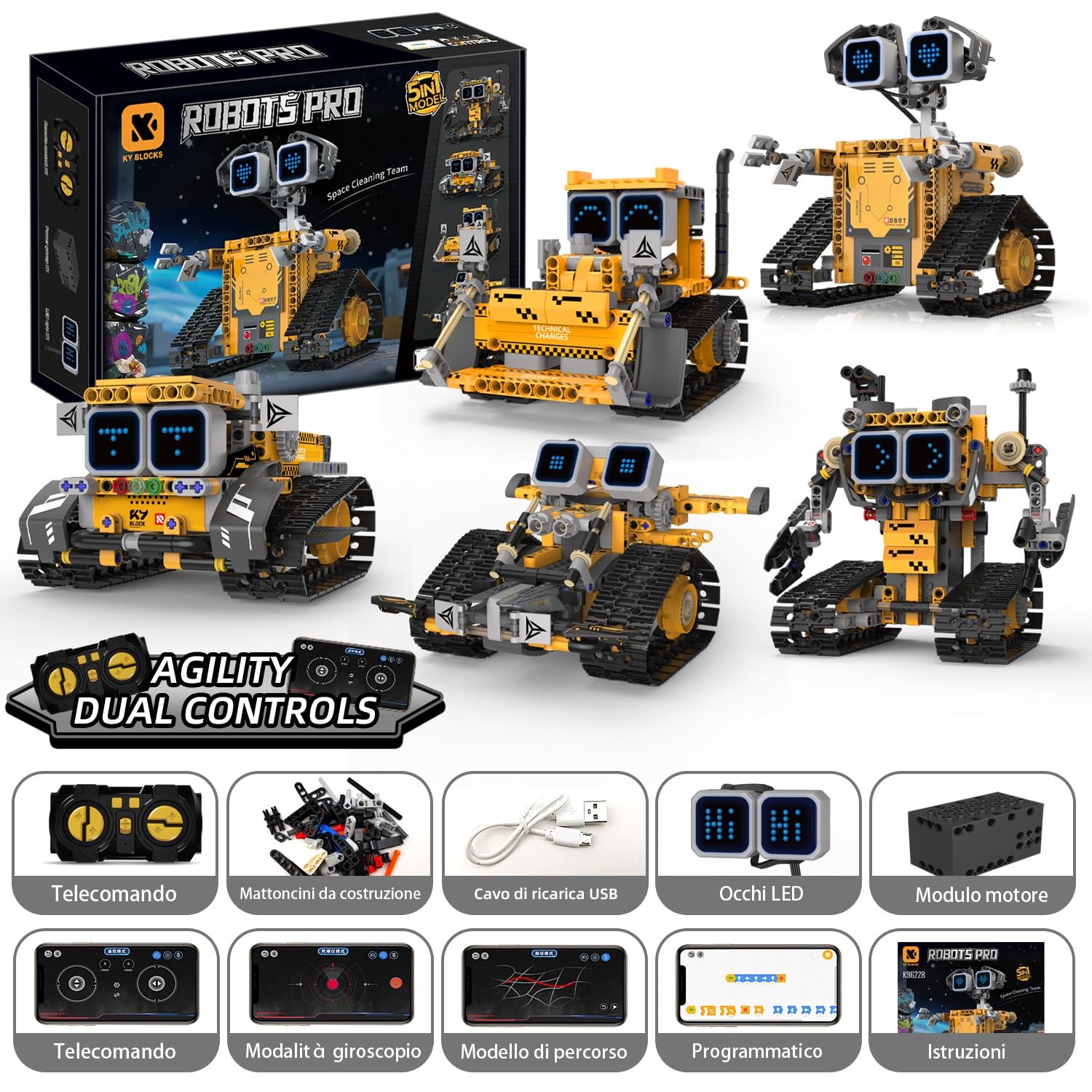PENGBU RC Robot per bambini, set robot 5 in 1 con telecomando app, robot da parete/tecnica/dinosauro Mech