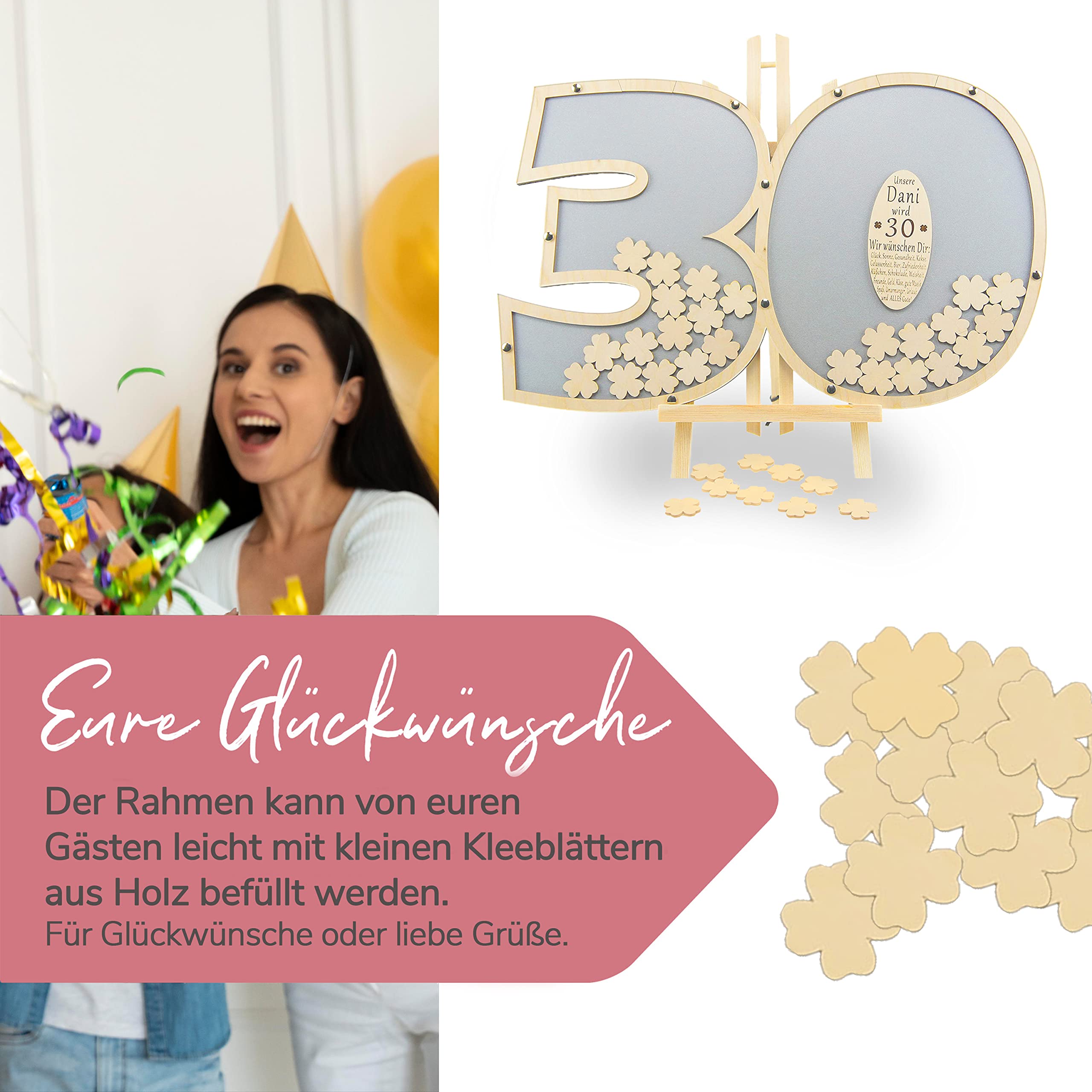 Besonderes personalisierbares Gästebuch aus Holzzahlen 30 | 40x60cm in silber | Holz Kleeblätter zum Beschriften | Geburtstagsdeko | Made in Germany