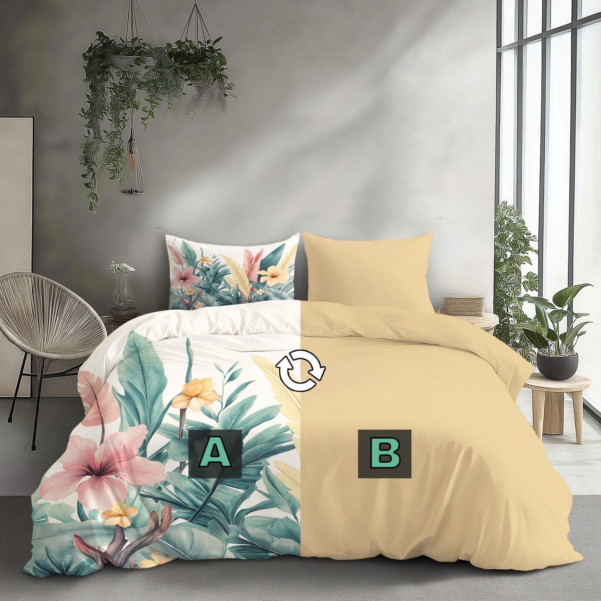 Piante tropicali Foglie di ibisco e banano - 100% Microfibra - Set Copripiumoni Matrimoniale 230x220cm con 1 federe 50 x 75 cm - Tessuto morbido e confortevole - Rosa Verde