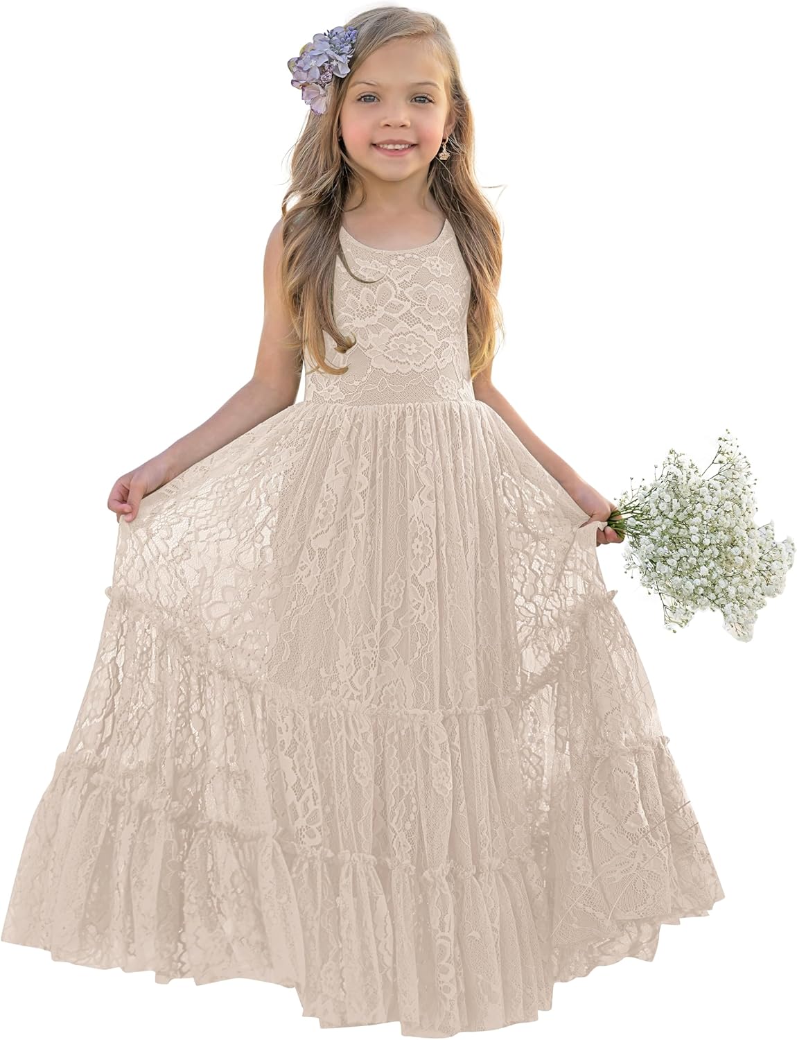 Flower Girl Dress Lace Boho Toddler Dresses Ruffle Girl Dress for Wedding Garden Party Holiday Communion Sleeveless
