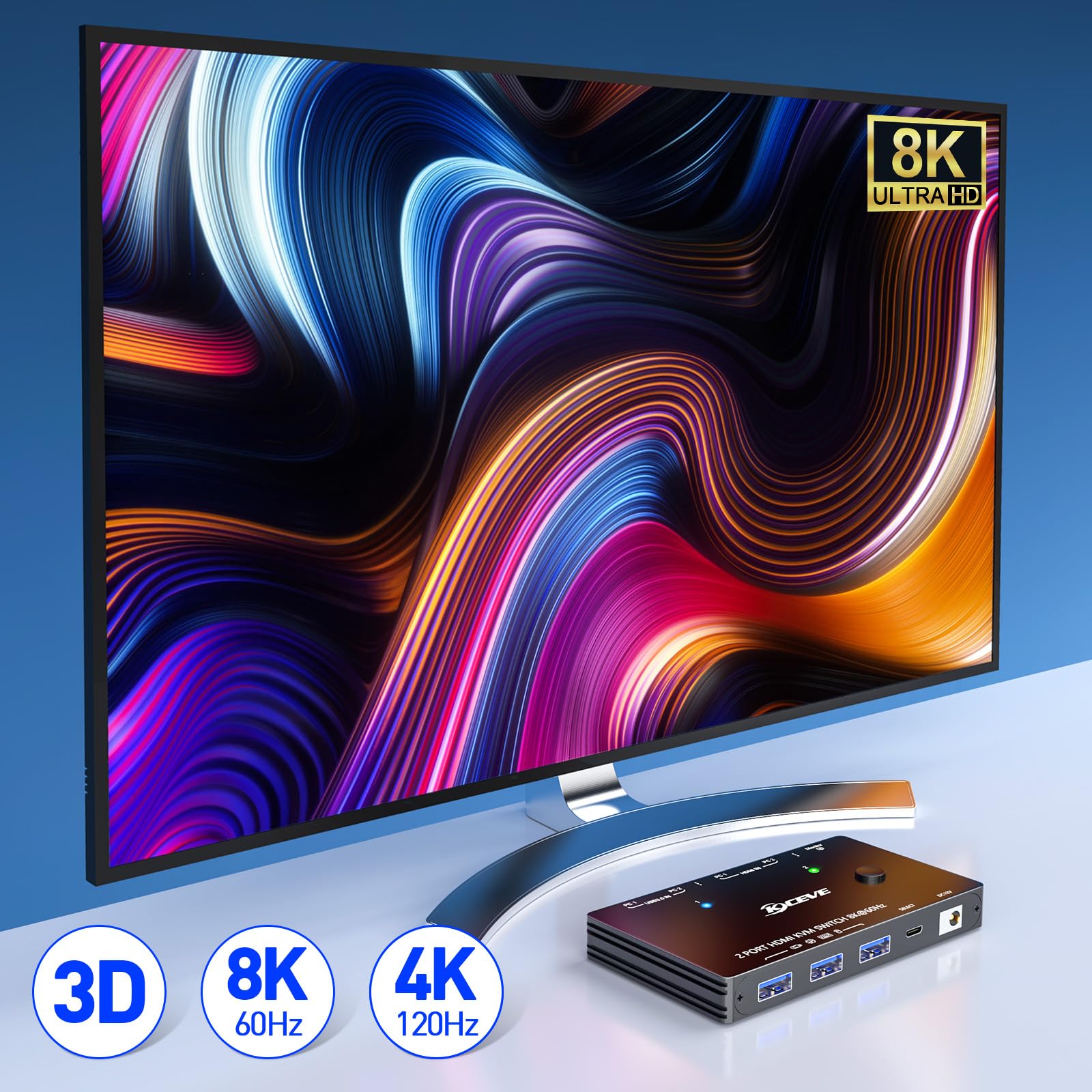 Conmutador KVM HDMI para 2 ordenadores, 1 monitor, 8K @ 60Hz/4K @ 120Hz Conmutador KVM para 2 PC, 1 monitor y dispositivos USB 3.0, con cables USB, controlador y adaptador de alimentación (HDMI