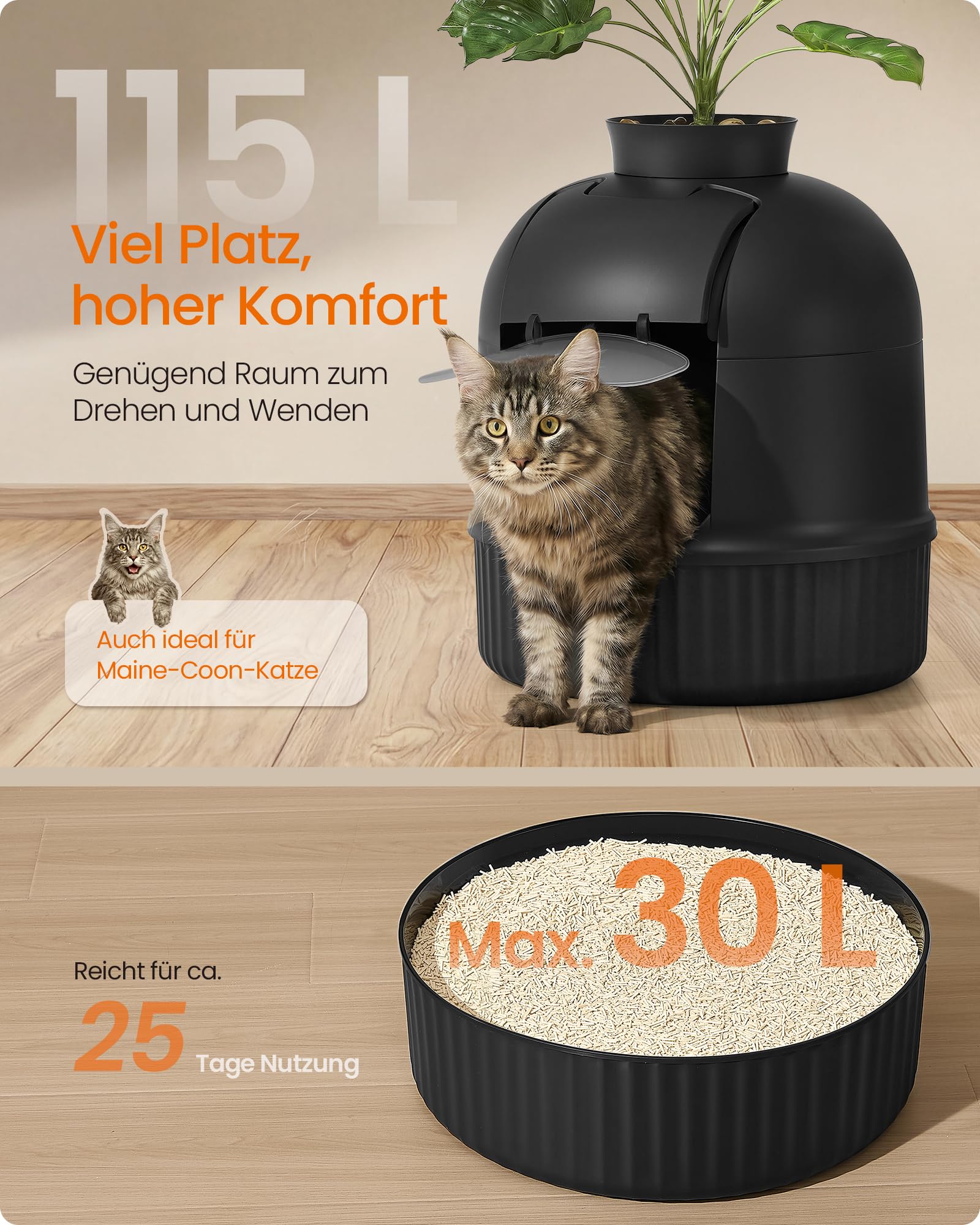 Feandrea Katzenklo Blumentopf, versteckte Katzentoilette, mit künstlicher Pflanze, Tür, geschlossen, Kohlefilter, Geruchskontrolle, Kieselsteinen, Schaufel, Bürste, tintenschwarz PPT006B101