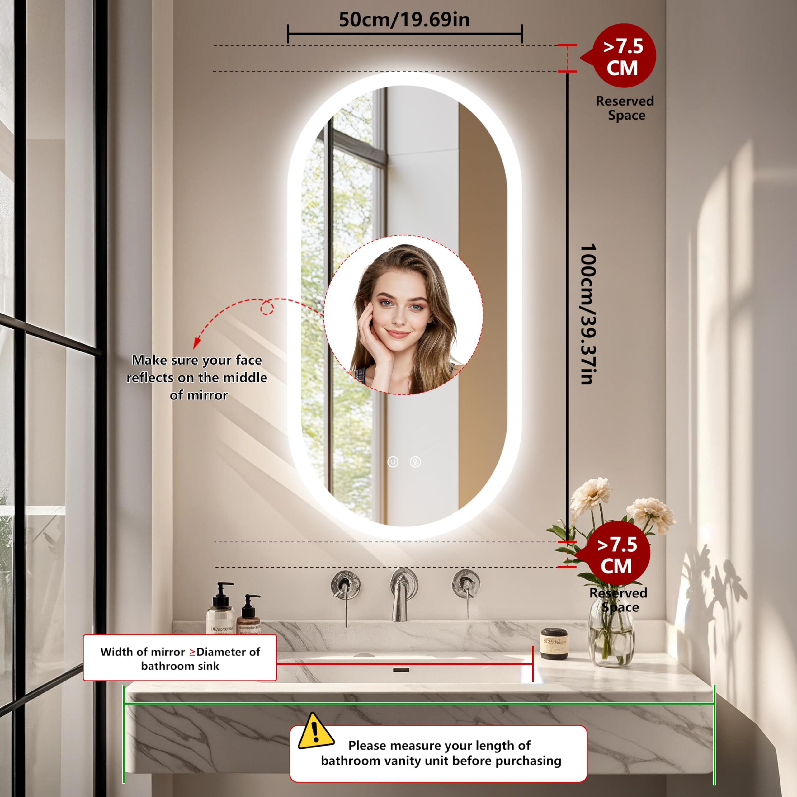 LUVODI Espejo Baño con Luz Led Ovalado 100 x 50 cm Espejos de Baño Antivaho con Luz Retroiluminado Regulable Espejo Moderno Inteligente con 2 Interruptor Tactil Función de Memoria y Impermeable IP66