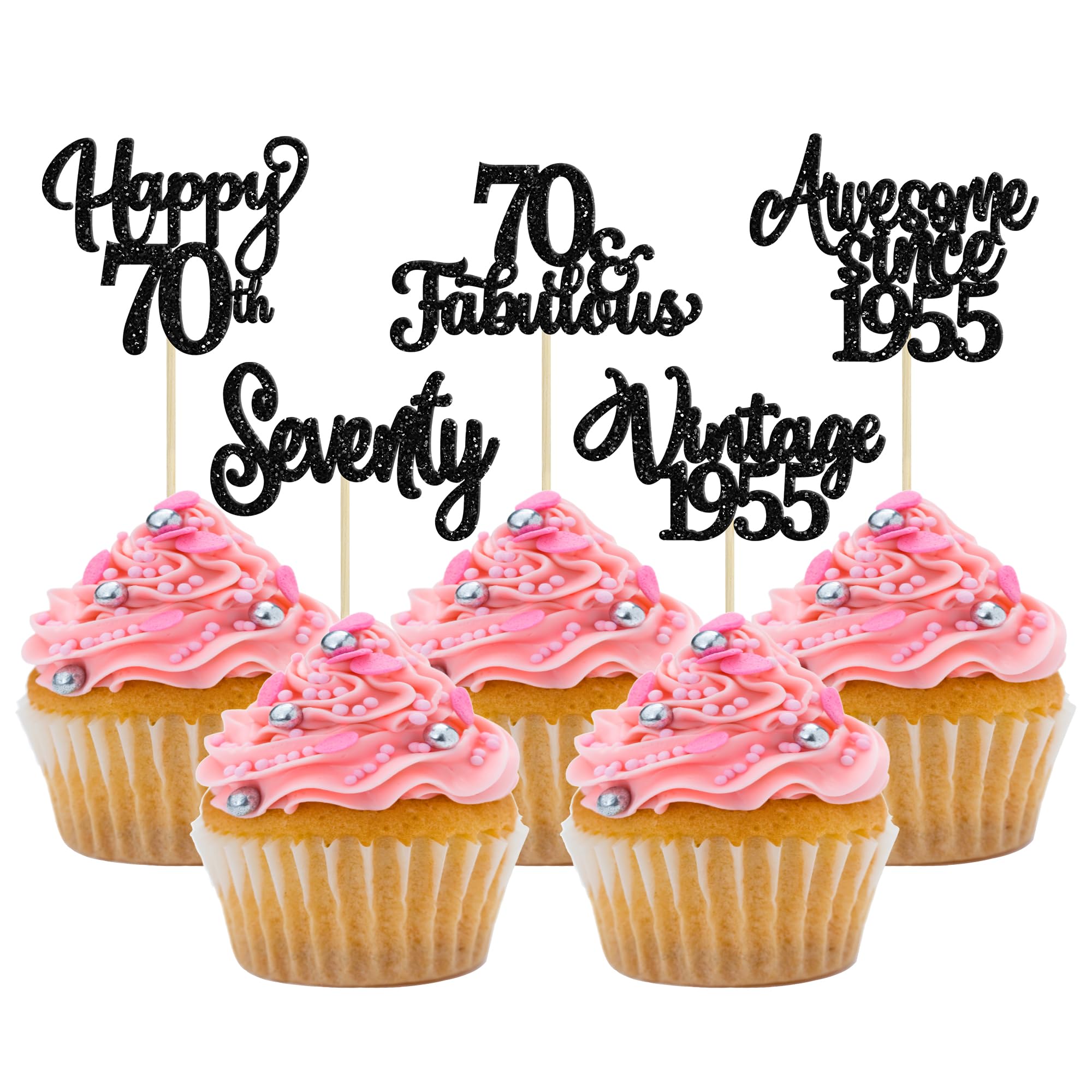 Gyufise 70th Birthday Cupcake Toppers - 36 Pcs Glitter Black Gold, Cheers To 70 Years Party Decorations