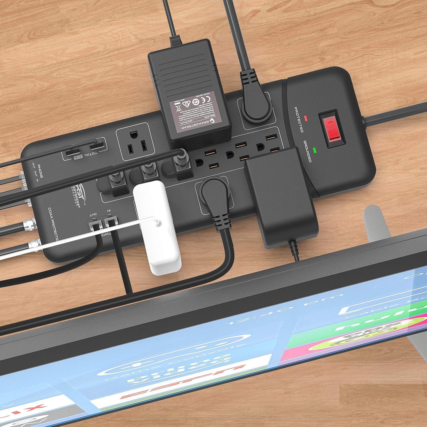 CRST 12-Outlet Surge Protector Power Strip 4050Joules, with USB(3.1A) Ethernet, Cable,Telephone and TV Coaxial Protection, Flat Plug 9-FT Long Cord (Black) : Electronics
