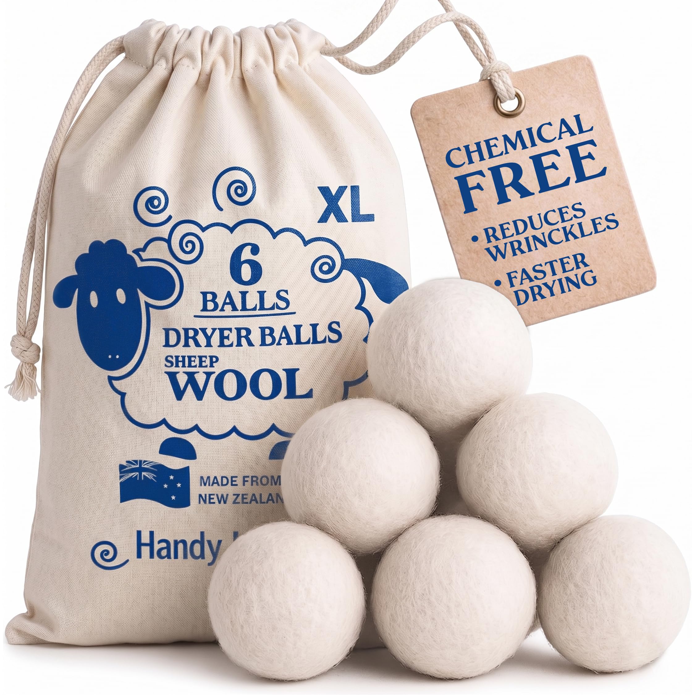 Handy Laundry Kulki do suszenia z wełny, naturalny zmiękczacz do tkanin, wielokrotnego użytku, lepsza alternatywa dla plastikowych kulek i płynów zmiękczających, opakowanie 6 szt.