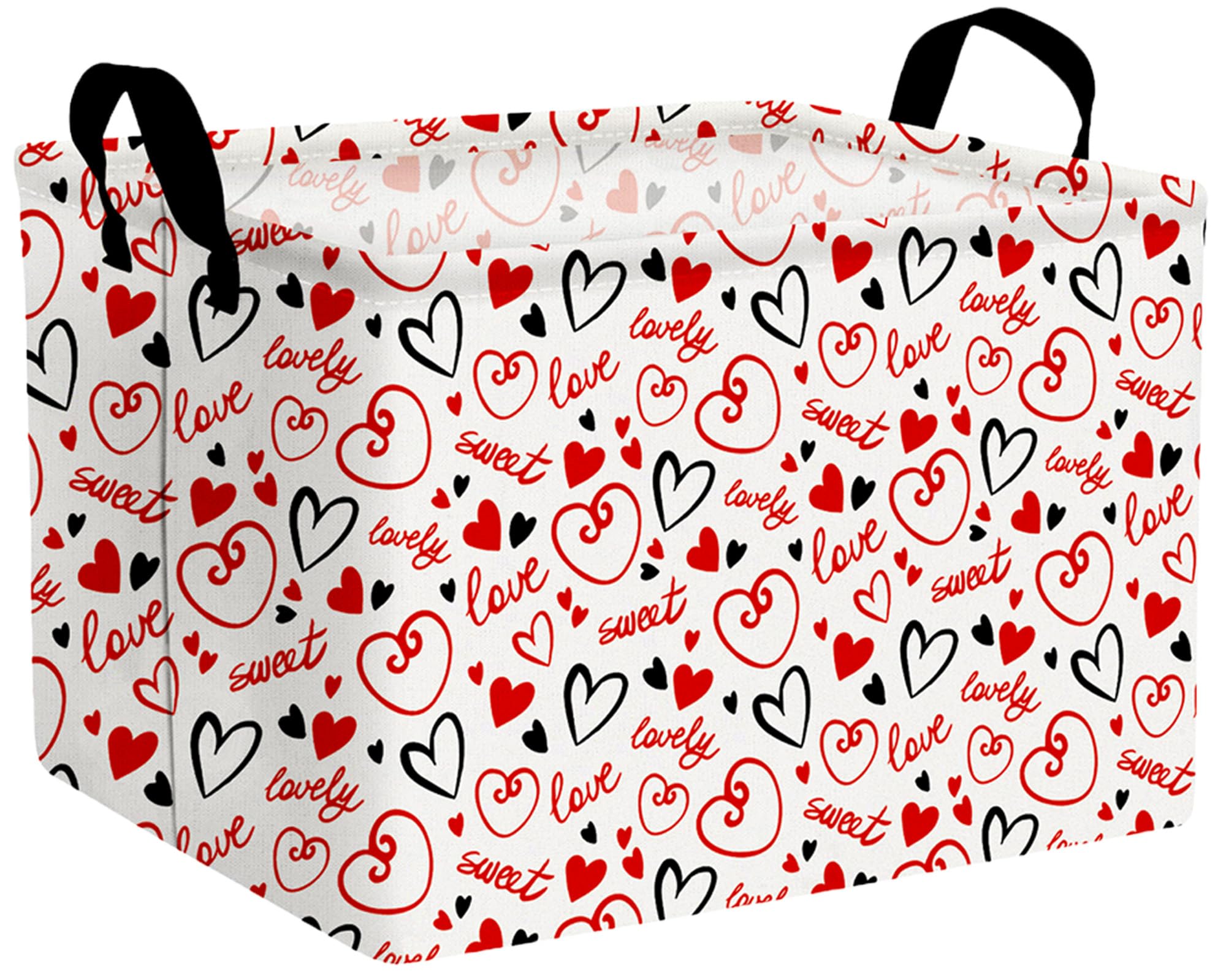 Large Valentine's Day Basket Heart Shaped Storage Bin for Gifts Collapsible Organizer Room Decor (Black Red Empty Lines Love)