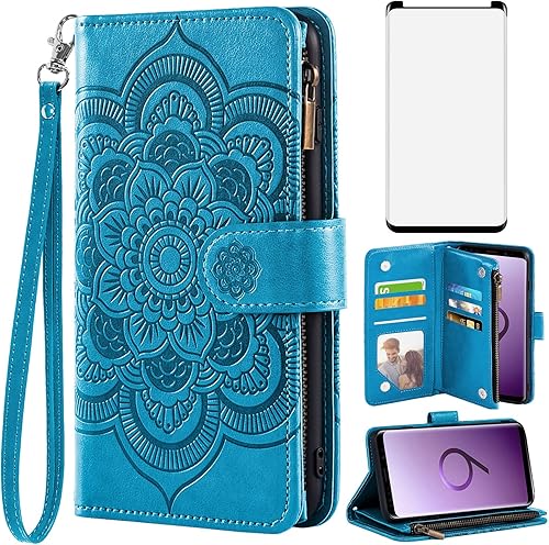Asuwish Compatible con Samsung Galaxy S9 - Funda tipo cartera y protector de pantalla de vidrio templado, soporte para tarjetas de cuero con diseño