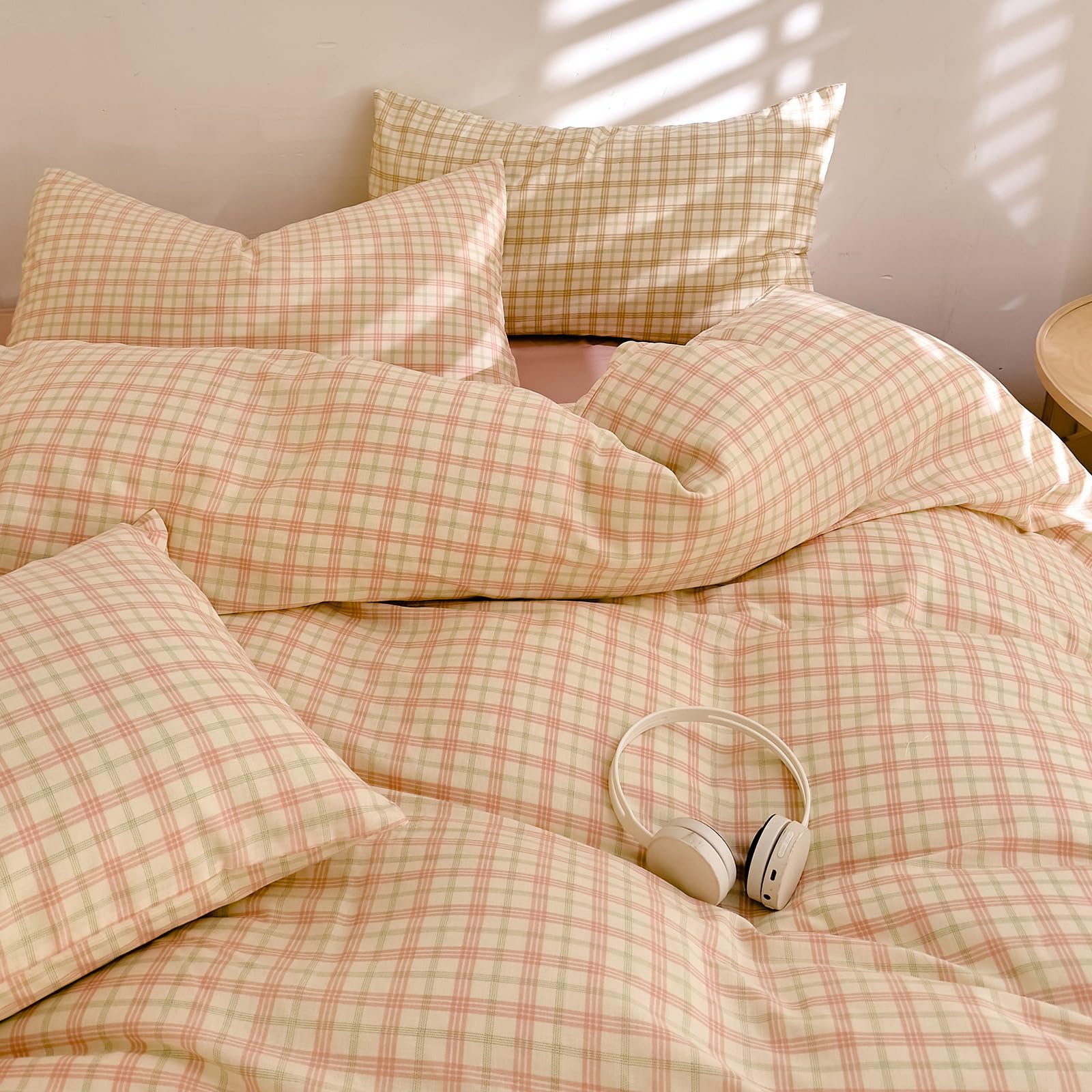 Pink Plaid Duvet Cover Gingham Bedding Set Full 100% Cotton Muslin Vintage Plaid Checkered Comforter Cover Linen Like Breathable Gauze Duvet Cover with 2 Pillowcases Farmhouse Grid Bedding Set Full — image 1