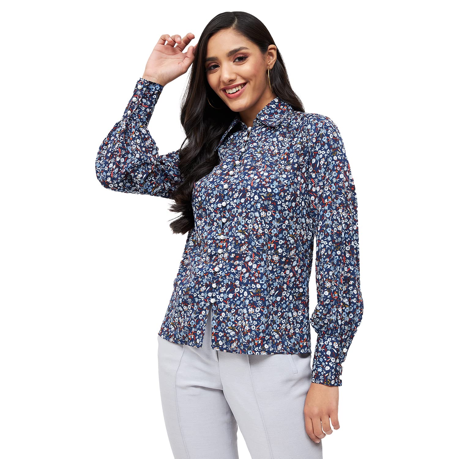 kibo Casual Women's Floral Polyester Collar Neck Top Blue-picture-17