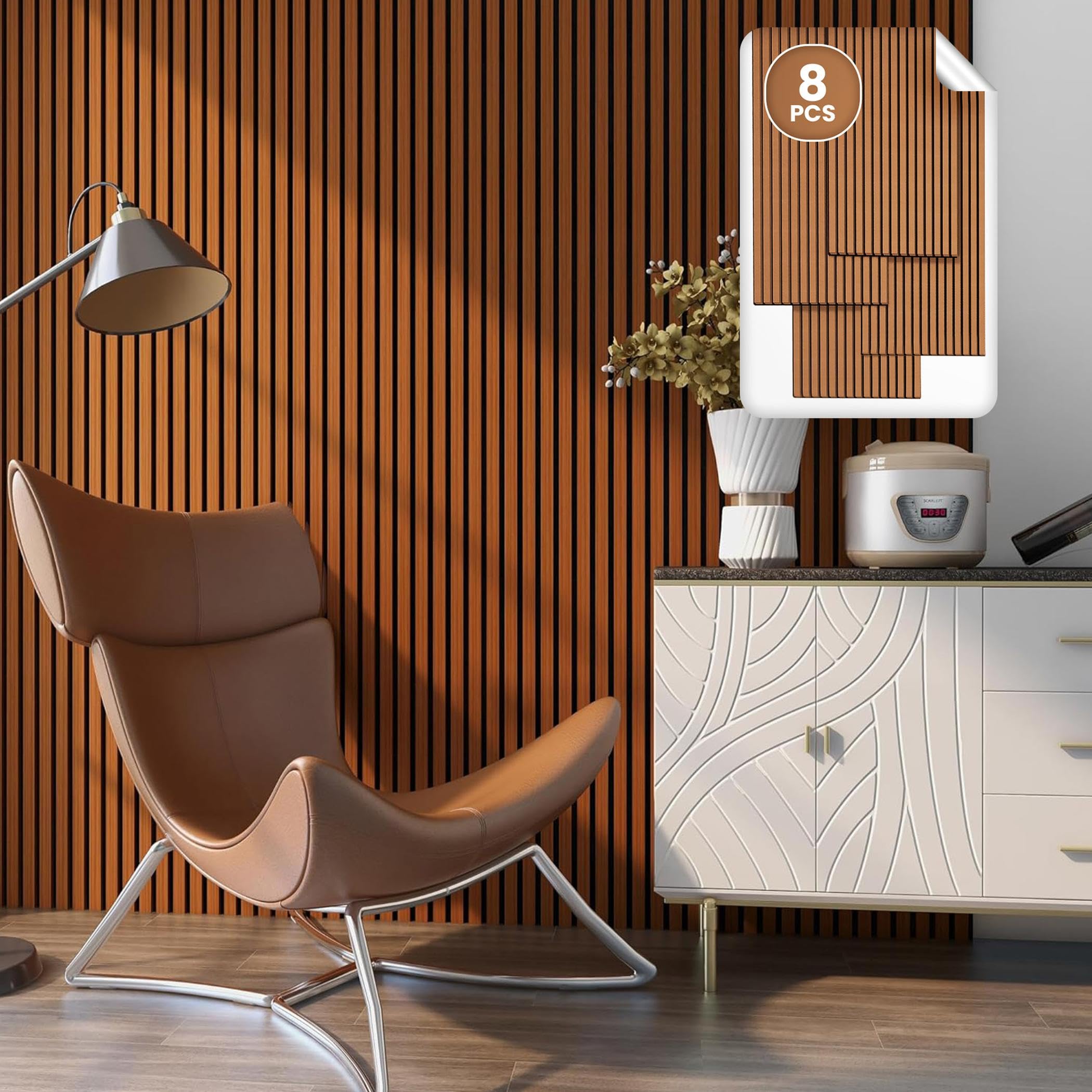 NEU.HOLZ Akustik Wandpaneele Vang 8er Set Wandverkleidung zum Kleben und Schrauben 5,76 m² Holzfurnier 3D Paneele Lamellen in Teakoptik