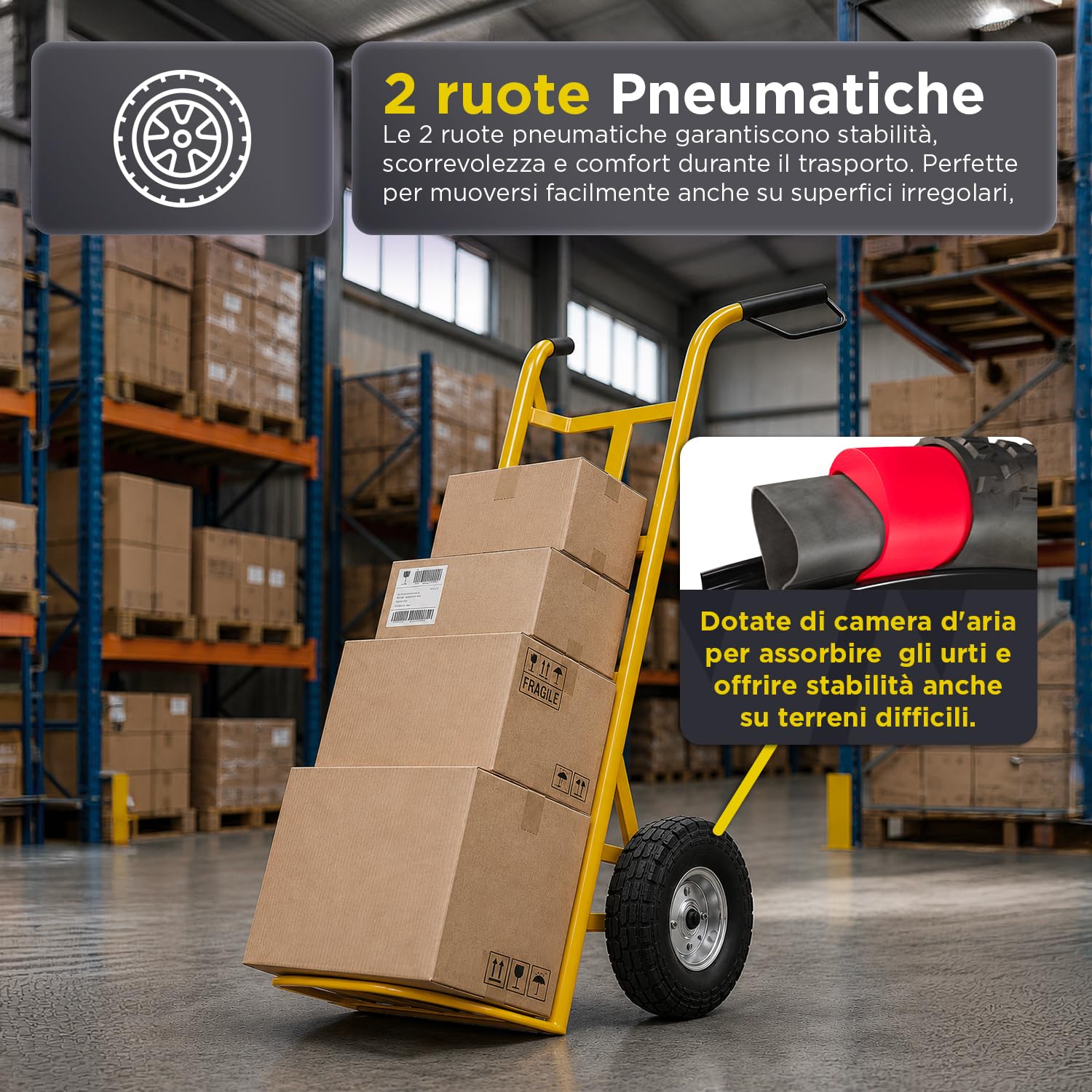 Carrello con Ruote Portatutto Professionale – 2 Ruote Pneumatiche Camera d'Aria, 250 kg, Metallo | Carrello Portapacchi con Manico Ergonomico per Scale, Fango, Cantiere e Traslochi (Giallo)
