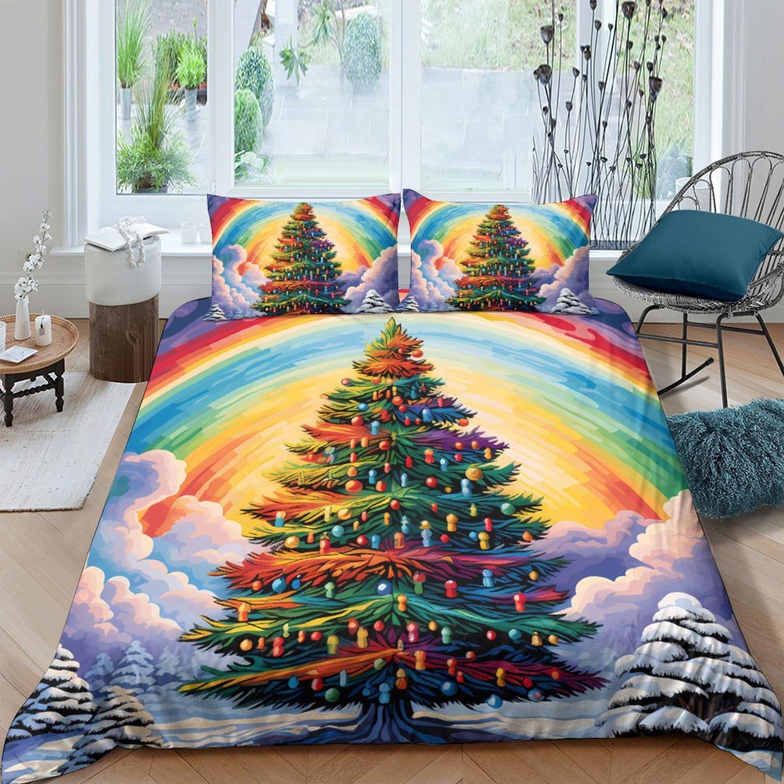 Ctjqhvkz Style-2 3D Printed Rainbow Christmas Tree Fitted Sheet Microfiber Soft Mattress Cover Bedroom Decor Dustproof Easy Care Single（135X200cm）