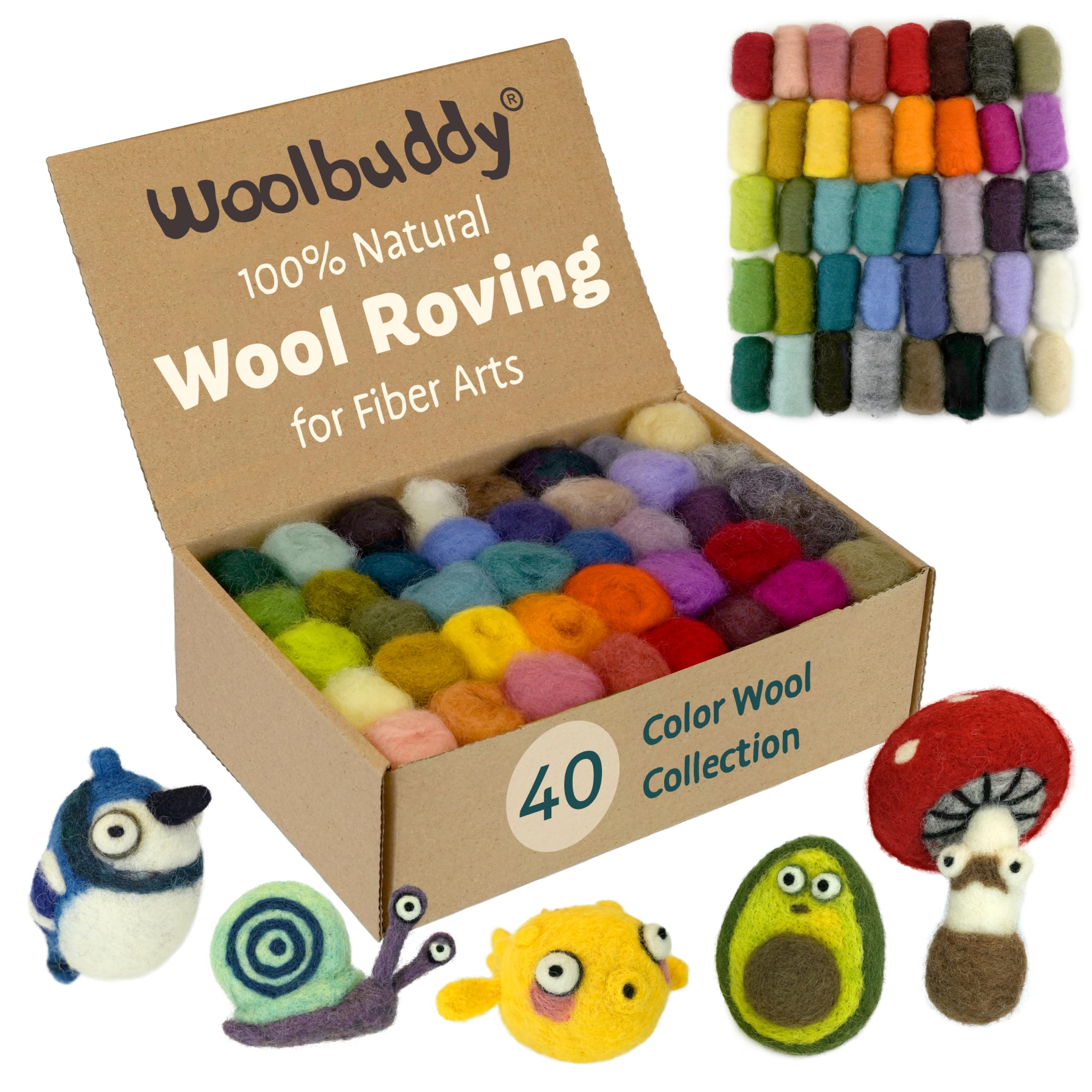 Woolbuddy Needle Felting Kit - 40 Vibrant Corriedale Wool Colors for Wet & Dry Felting β Soft, Carded Core Wool for Beginners & Artists β Premium Felting Supplies