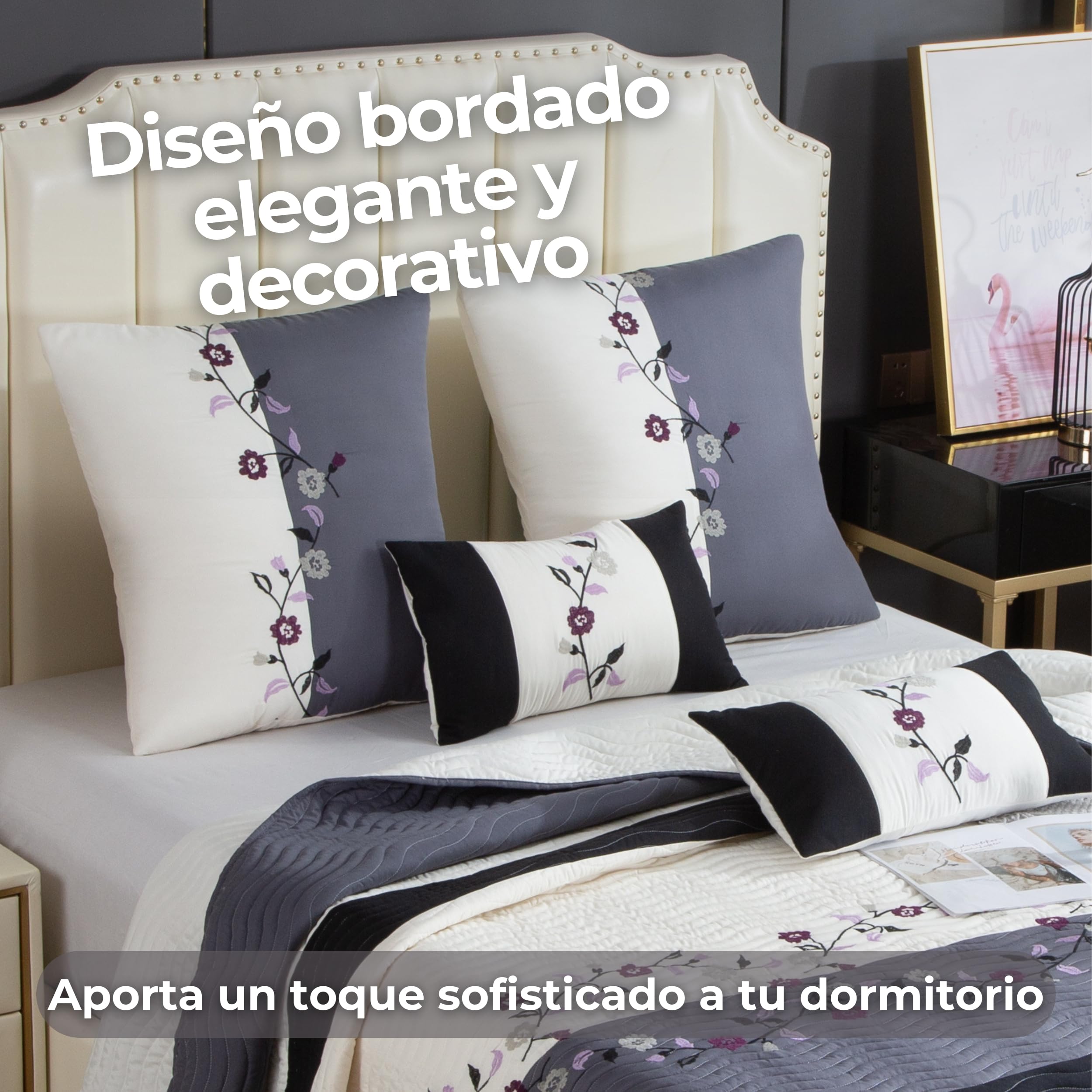 Colcha Boutí Bordada Cama 150 (250x260) para Verano y Entretiempo - 100% Microfibra Suave – Cubrecama Moderno Multiusos Ligero y Transpirable - Incluye 4 Fundas Cojín (2*60x60 + 2*30x50) (Venezuela)