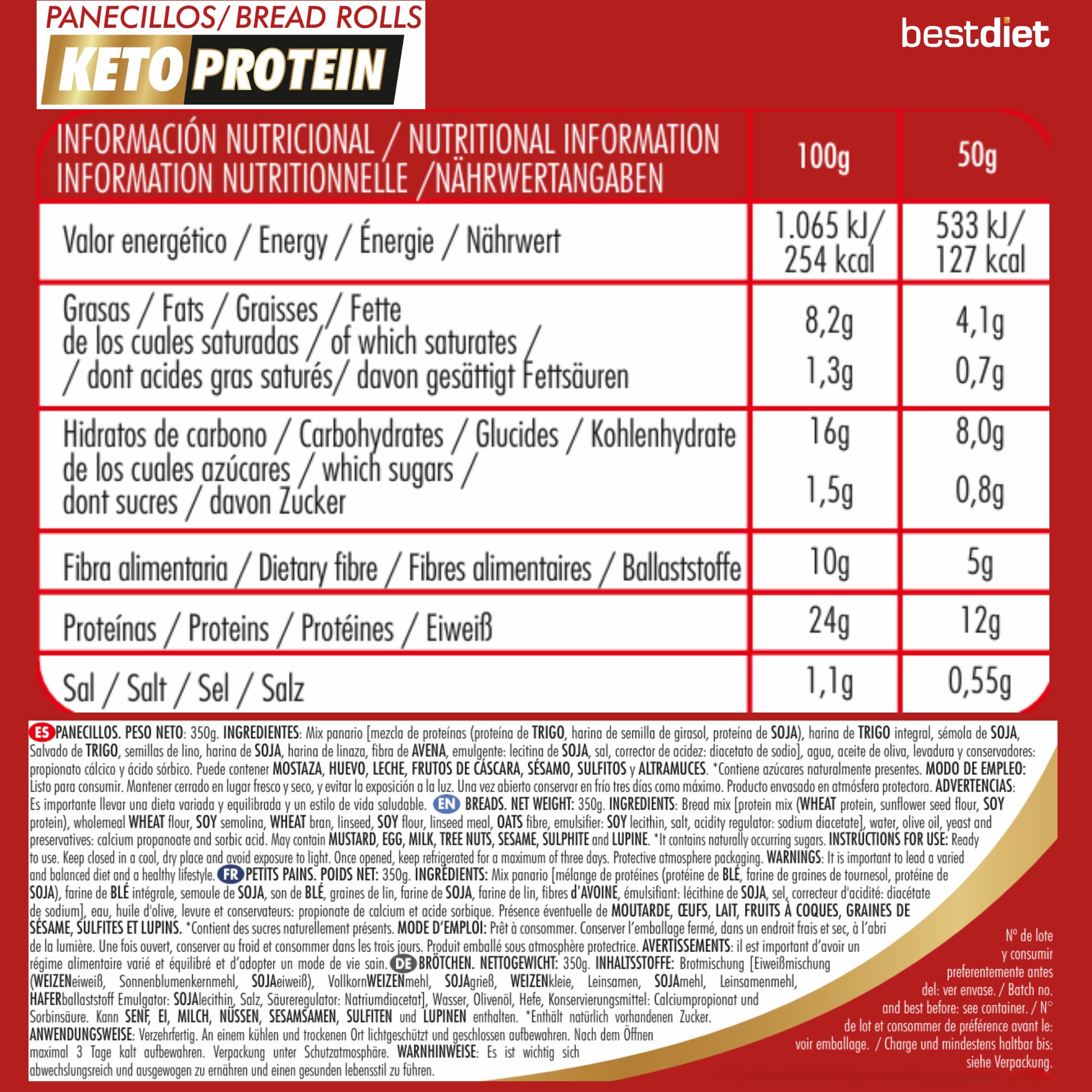 Keto Protein Bestdiet - Panecillos Proteicos Keto, Bajos en Azúcar, Alto en Fibra y Proteínas, Saciantes y Quemagrasas, con Trigo, Avena, Soja. (Pack de 3 paquetes de 350 g)